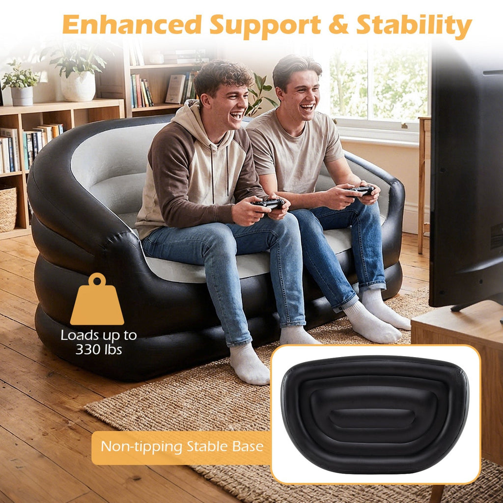 Inflatable Loveseat Couch Portable and Foldable 2-Seater Air Sofa for Adults with Flocked Surface-Grey