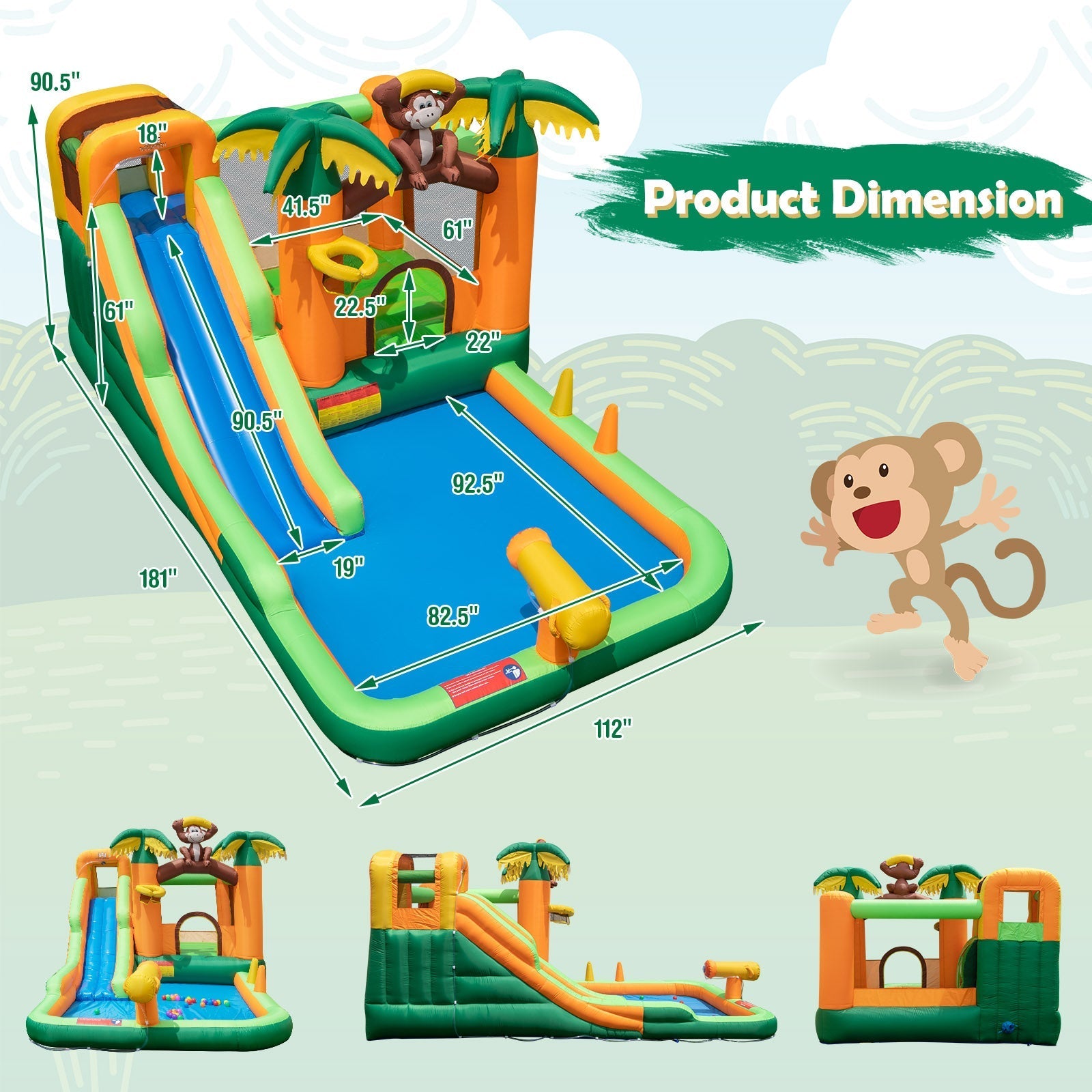 Monkey-Themed Inflatable Bounce House with Slide without Blower