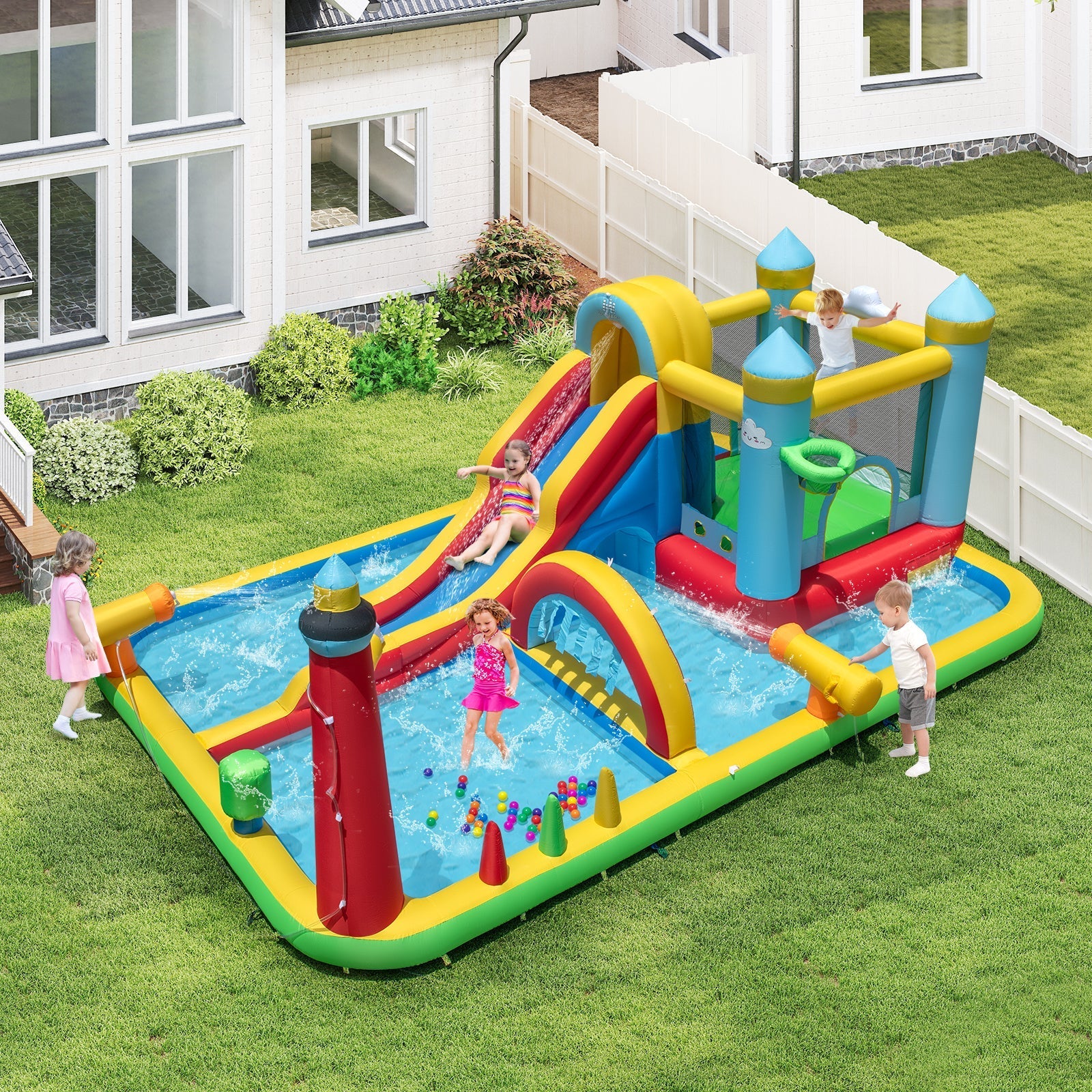 Inflatable Water Slide Giant Water Park with Long Slide 750W Blower