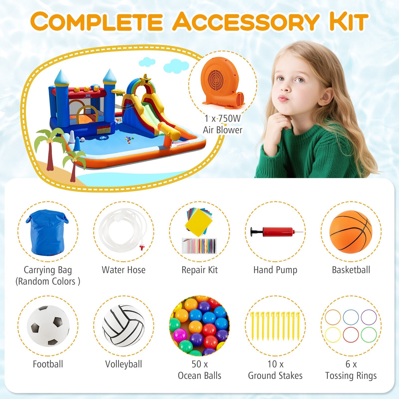Inflatable Water Slide Park Bouncy Castle with Climbing Wall with 750W Blower