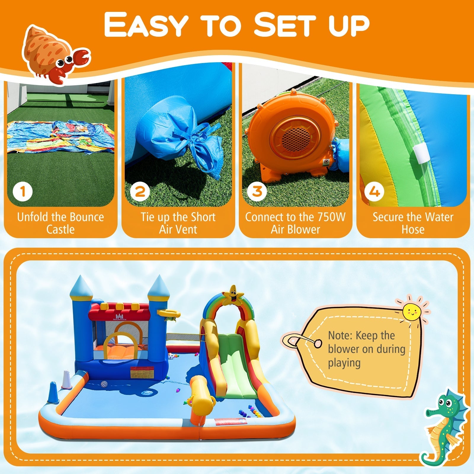 Inflatable Water Slide Park Bouncy Castle with Climbing Wall with 750W Blower
