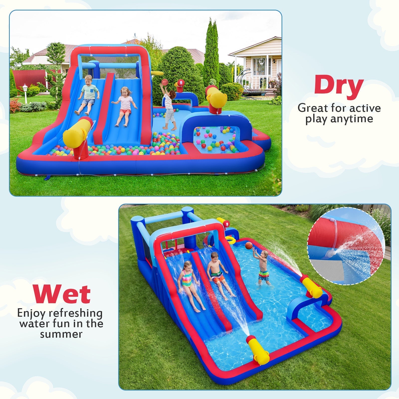 Inflatable Water Slide Park Giant Bounce House with Double Slides with 750W blower