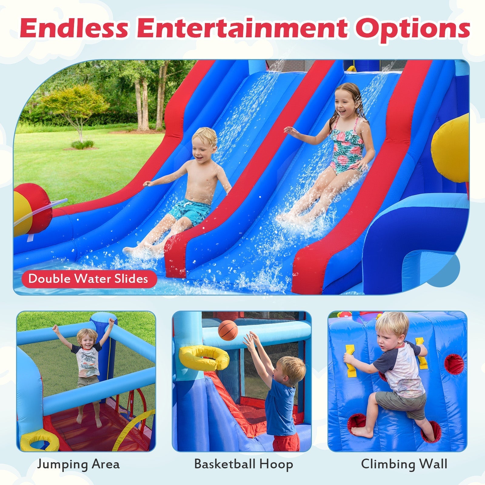 Inflatable Water Slide Park Giant Bounce House with Double Slides with 750W blower