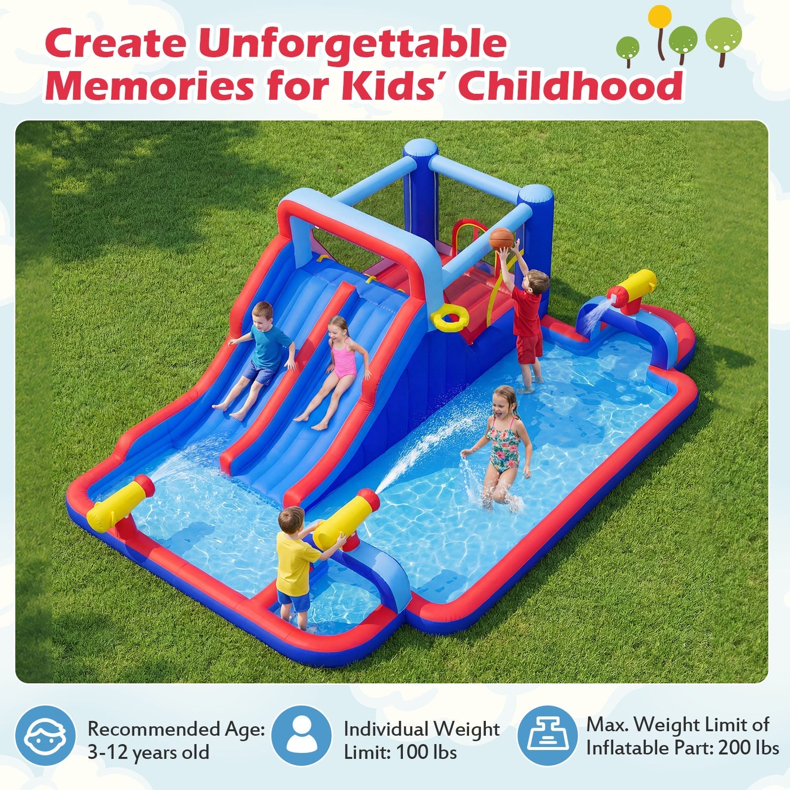 Inflatable Water Slide Park Giant Bounce House with Double Slides with 750W blower