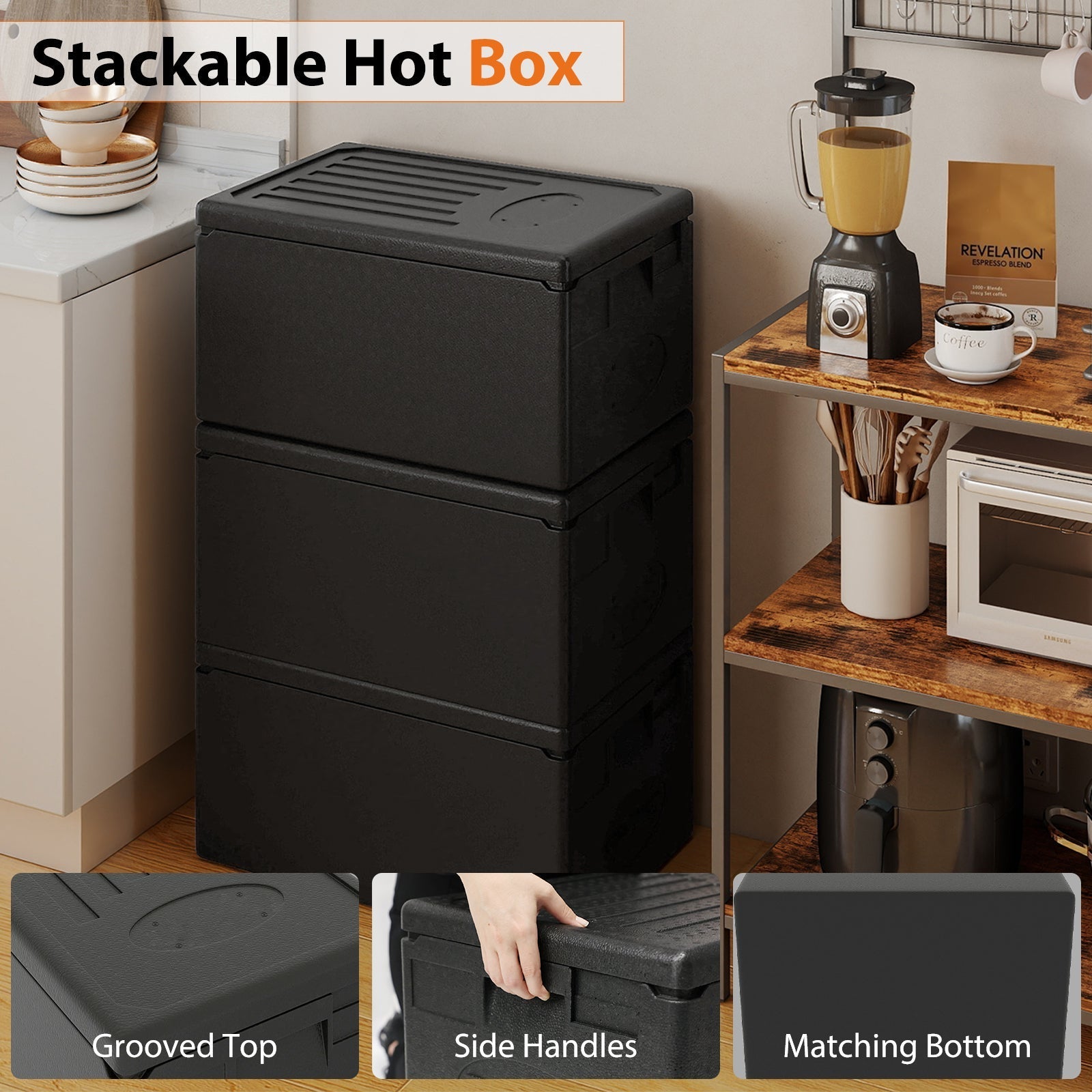 Insulated Food Pan Carrier 49 Qt Top Load Stackable Hot Box with Built-in Handles