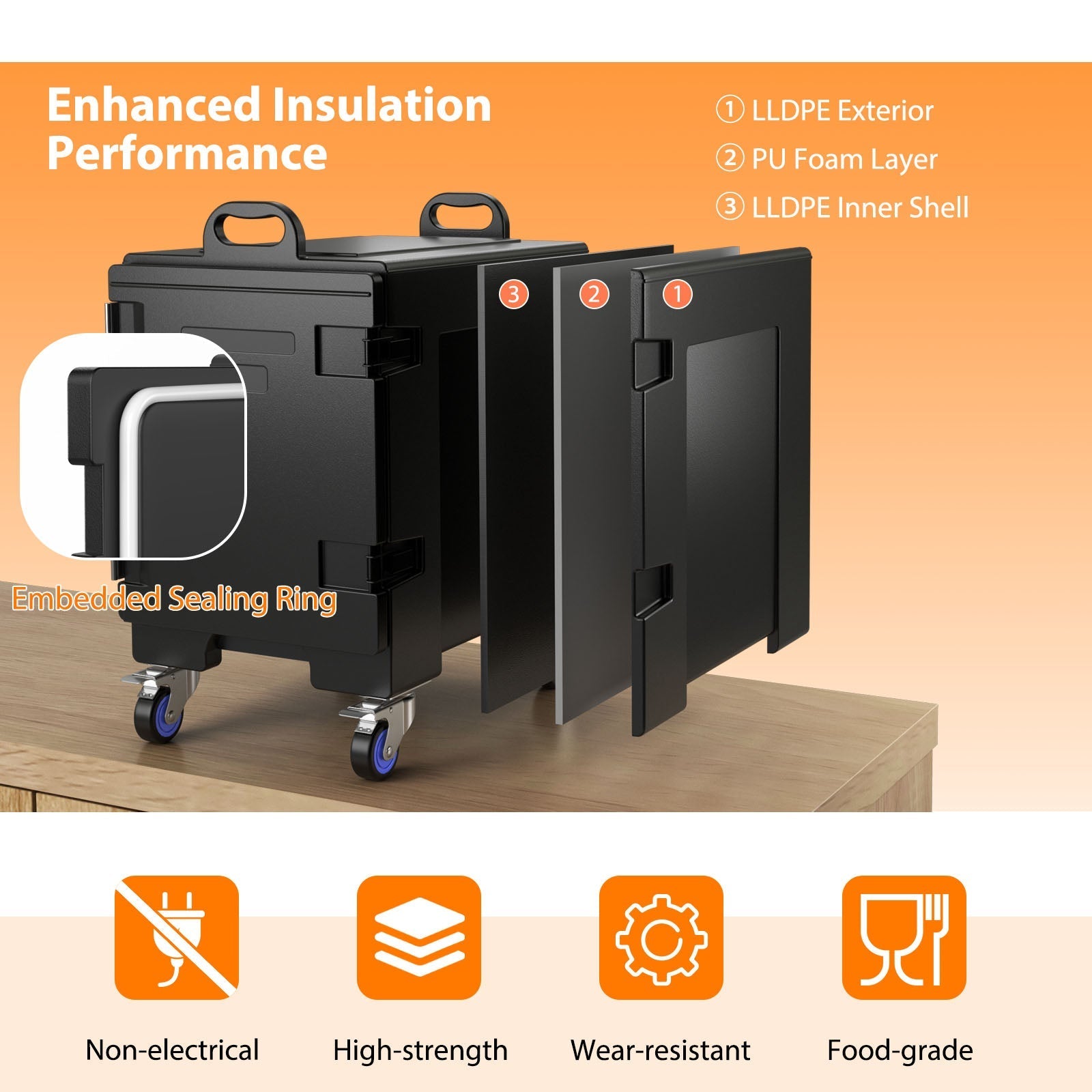 3 Pieces Stackable Insulated Food Pan Carrier 81 Quart LLDPE Food Box Carrier