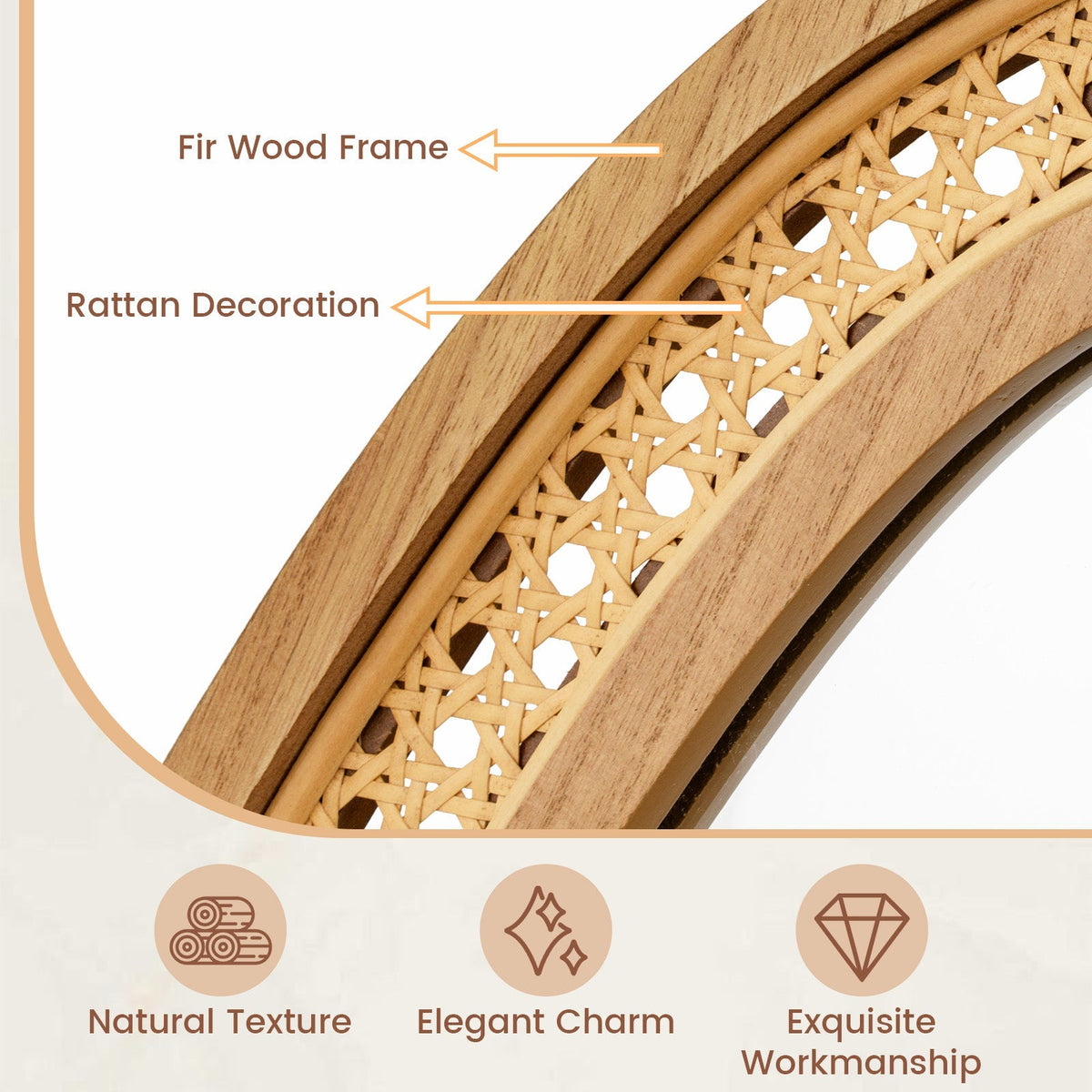 33 Inches x 23.5 Inches Irregular PVC Rattan Wall Mirror with Wooden Frame-Natural