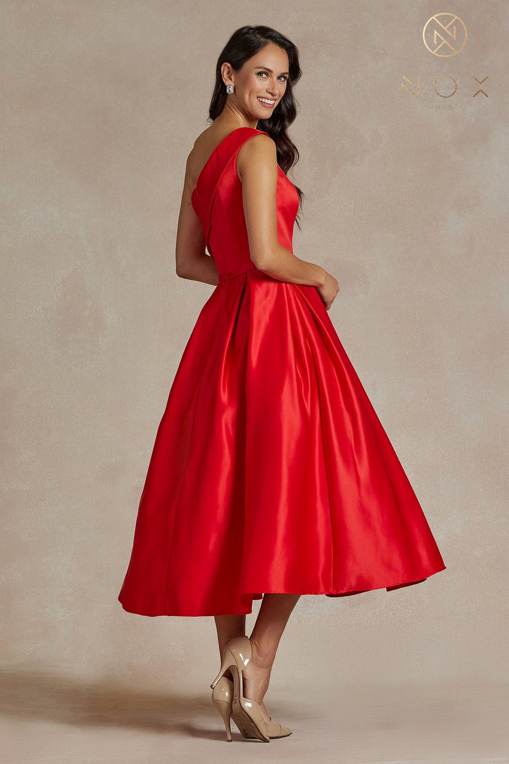 Nox Anabel JE931 One Shoulder Satin Tea Length Gown
