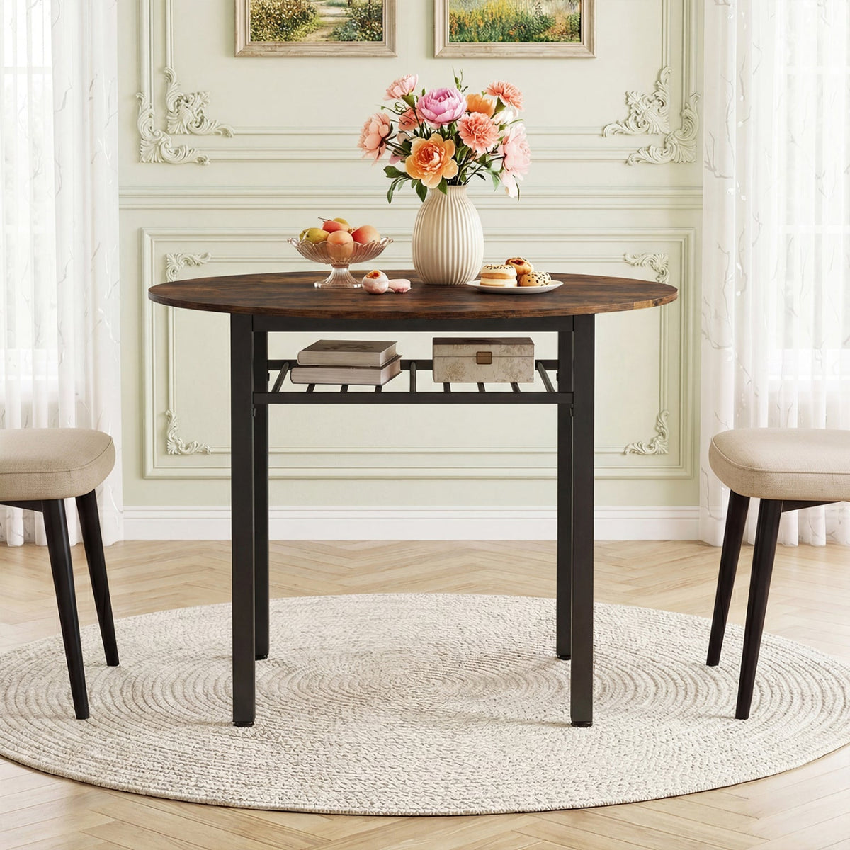 40" Round Dining Table with Storage Shelf for 4 People