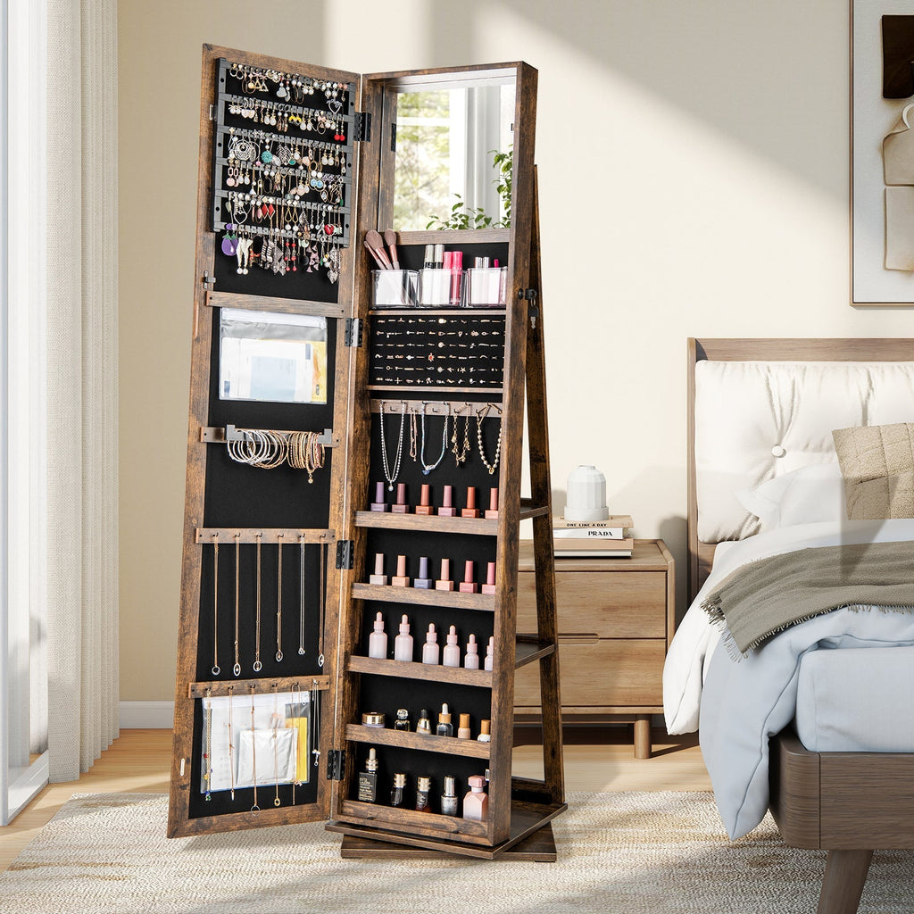 360¬∞ Swivel Jewelry Armoire Standing Jewelry Organizer with Full Length Mirror and Back Shelves