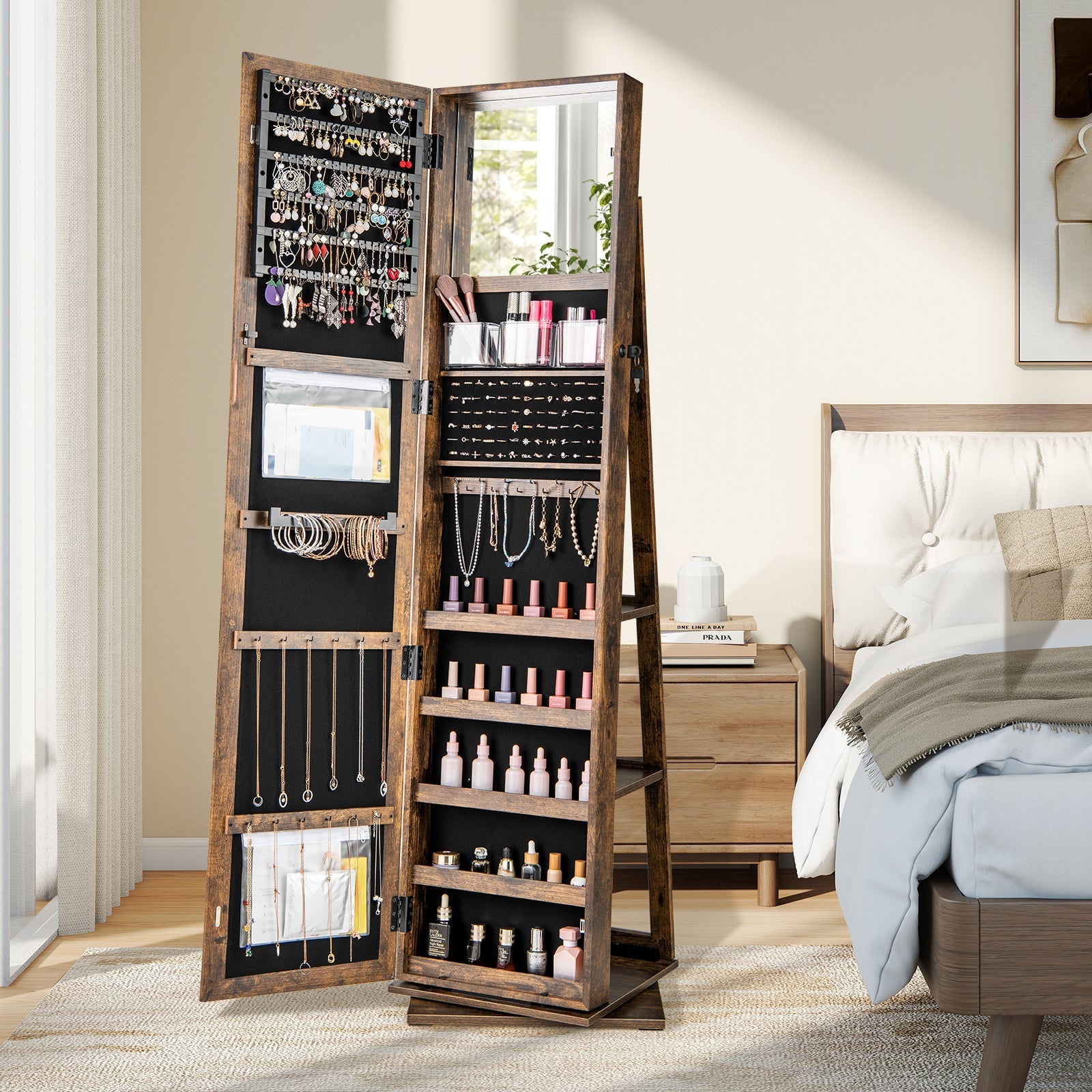 360¬∞ Swivel Jewelry Armoire Standing Jewelry Organizer with Full Length Mirror and Back Shelves