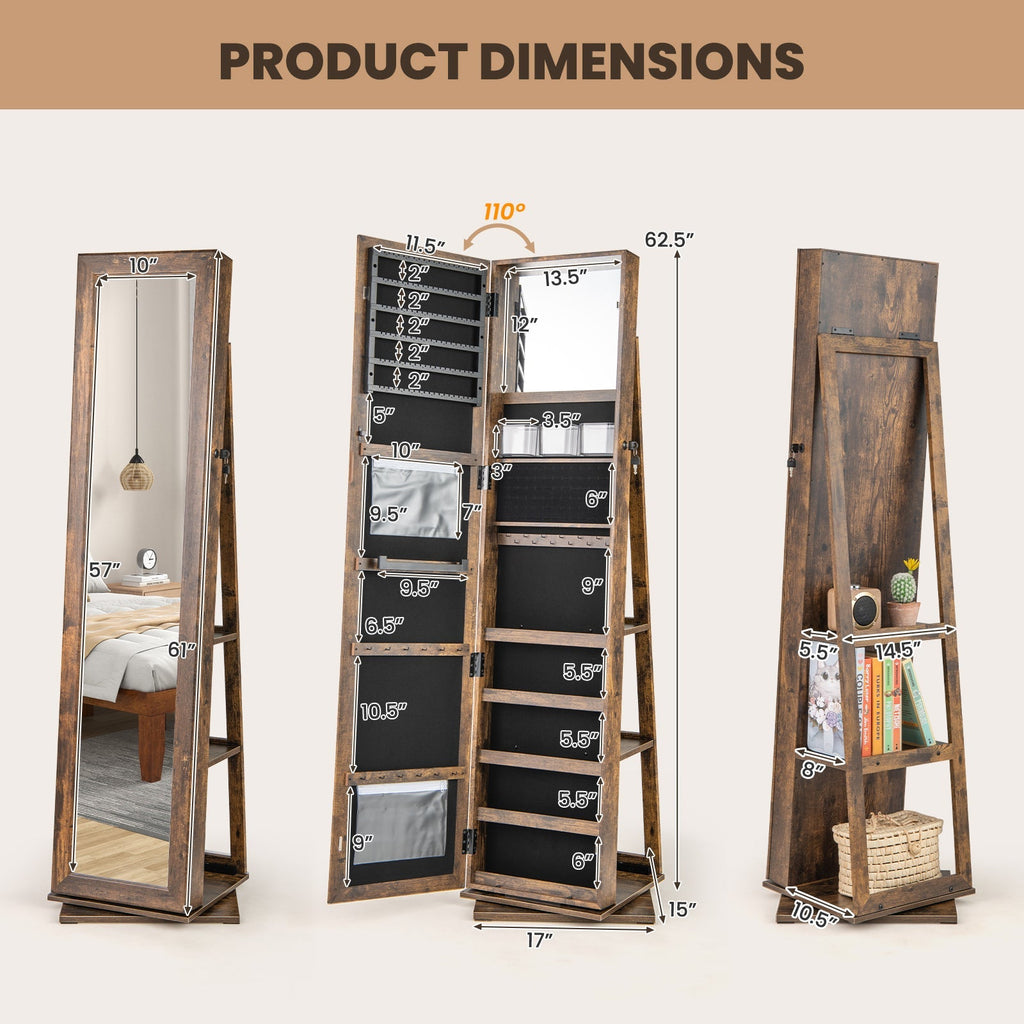 360¬∞ Swivel Jewelry Armoire Standing Jewelry Organizer with Full Length Mirror and Back Shelves