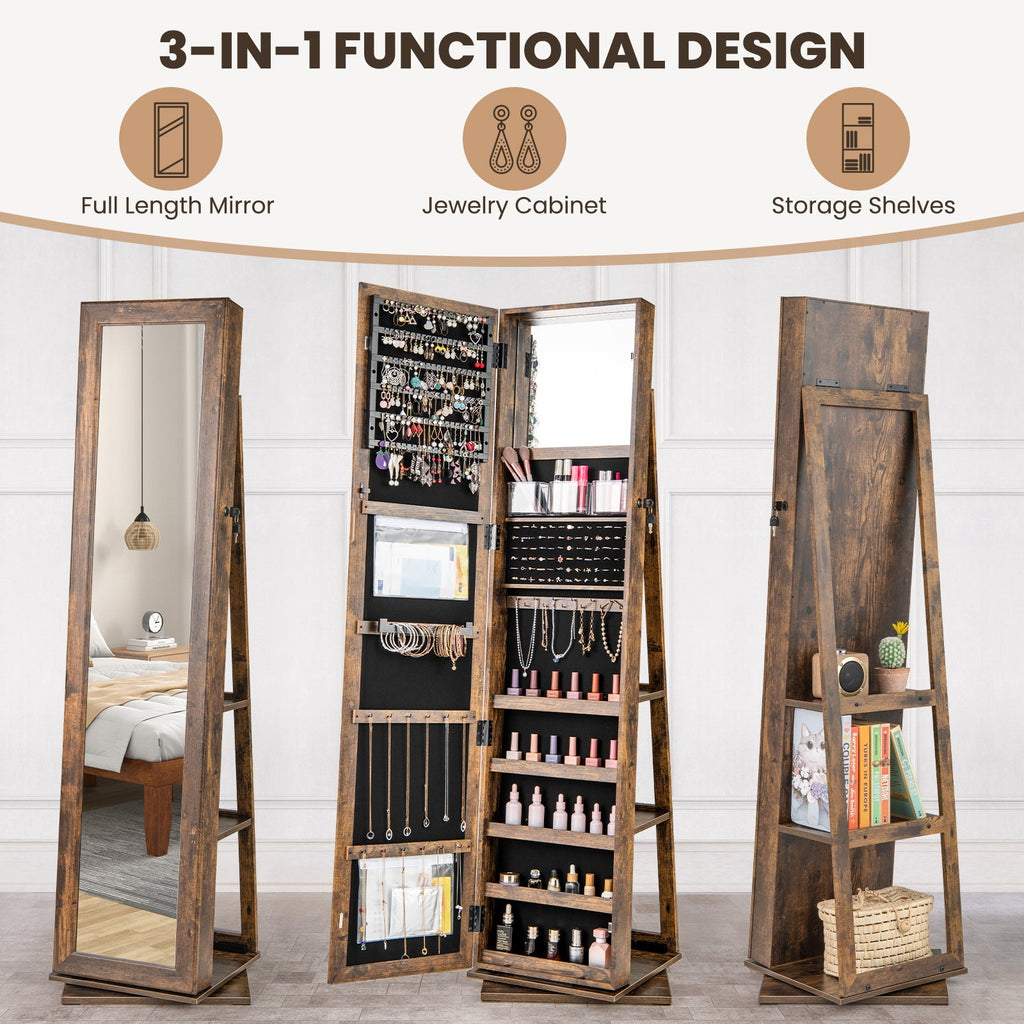 360¬∞ Swivel Jewelry Armoire Standing Jewelry Organizer with Full Length Mirror and Back Shelves