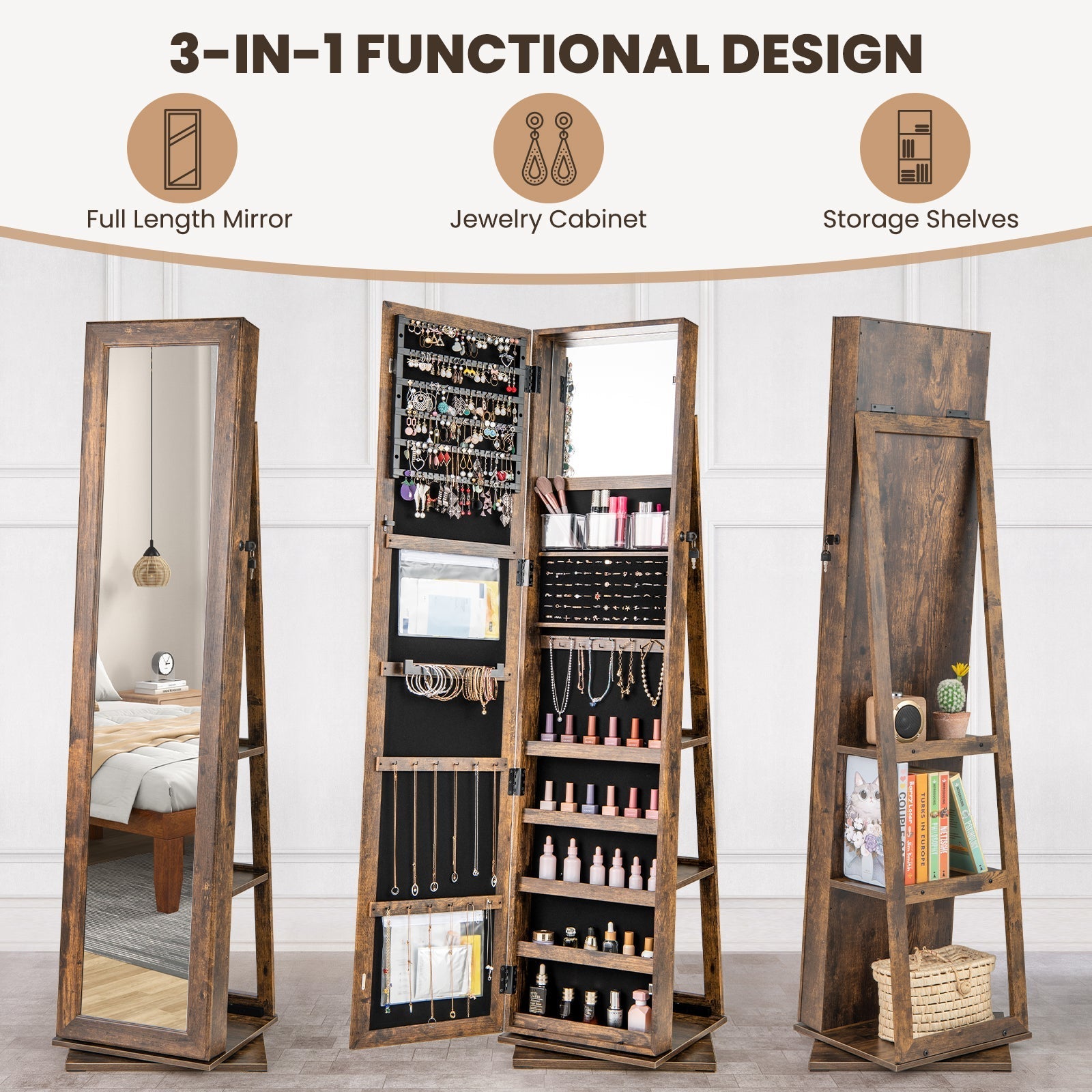 360¬∞ Swivel Jewelry Armoire Standing Jewelry Organizer with Full Length Mirror and Back Shelves