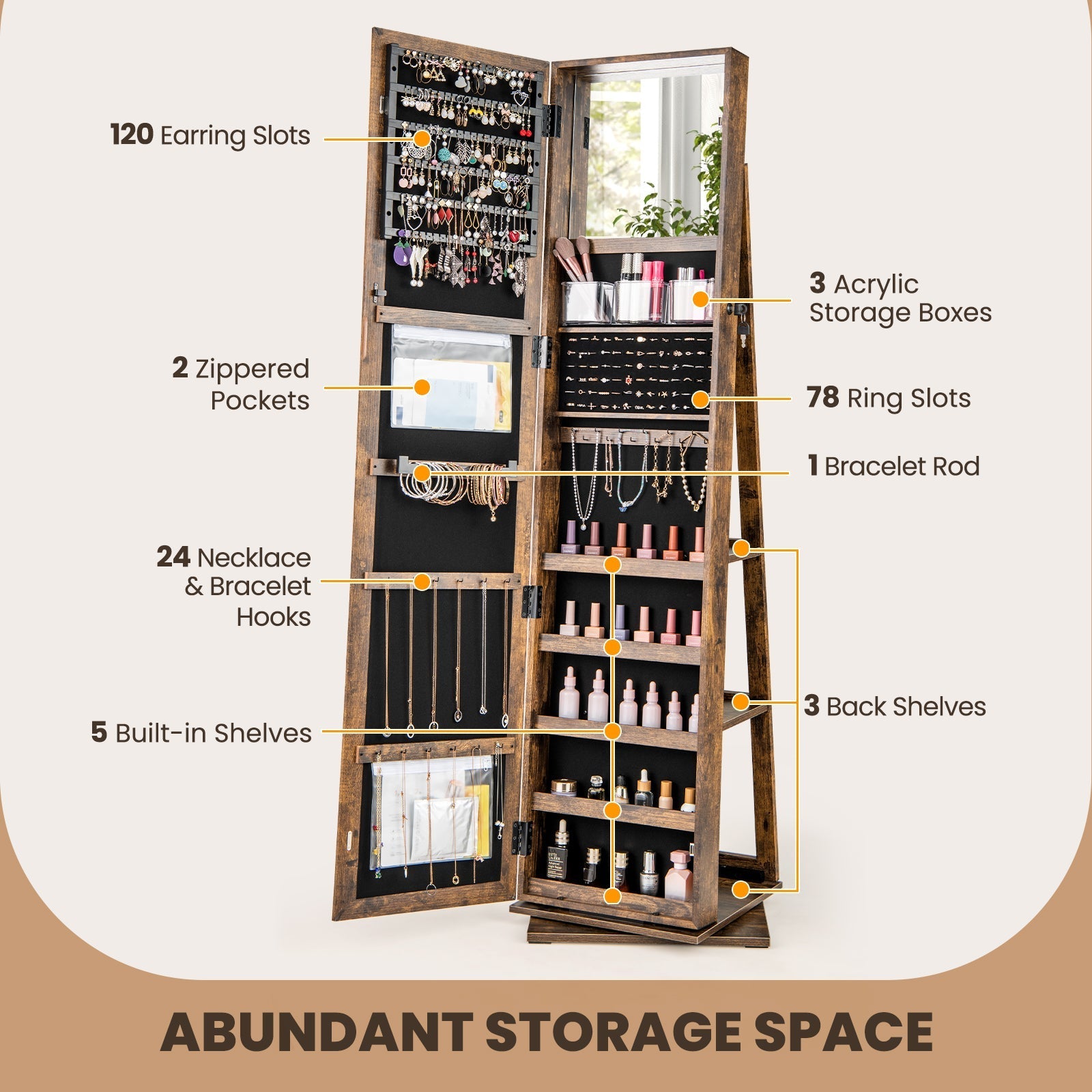 360¬∞ Swivel Jewelry Armoire Standing Jewelry Organizer with Full Length Mirror and Back Shelves