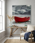 Crimson Fishing Boat Cloudy Shore Glass Wall Art