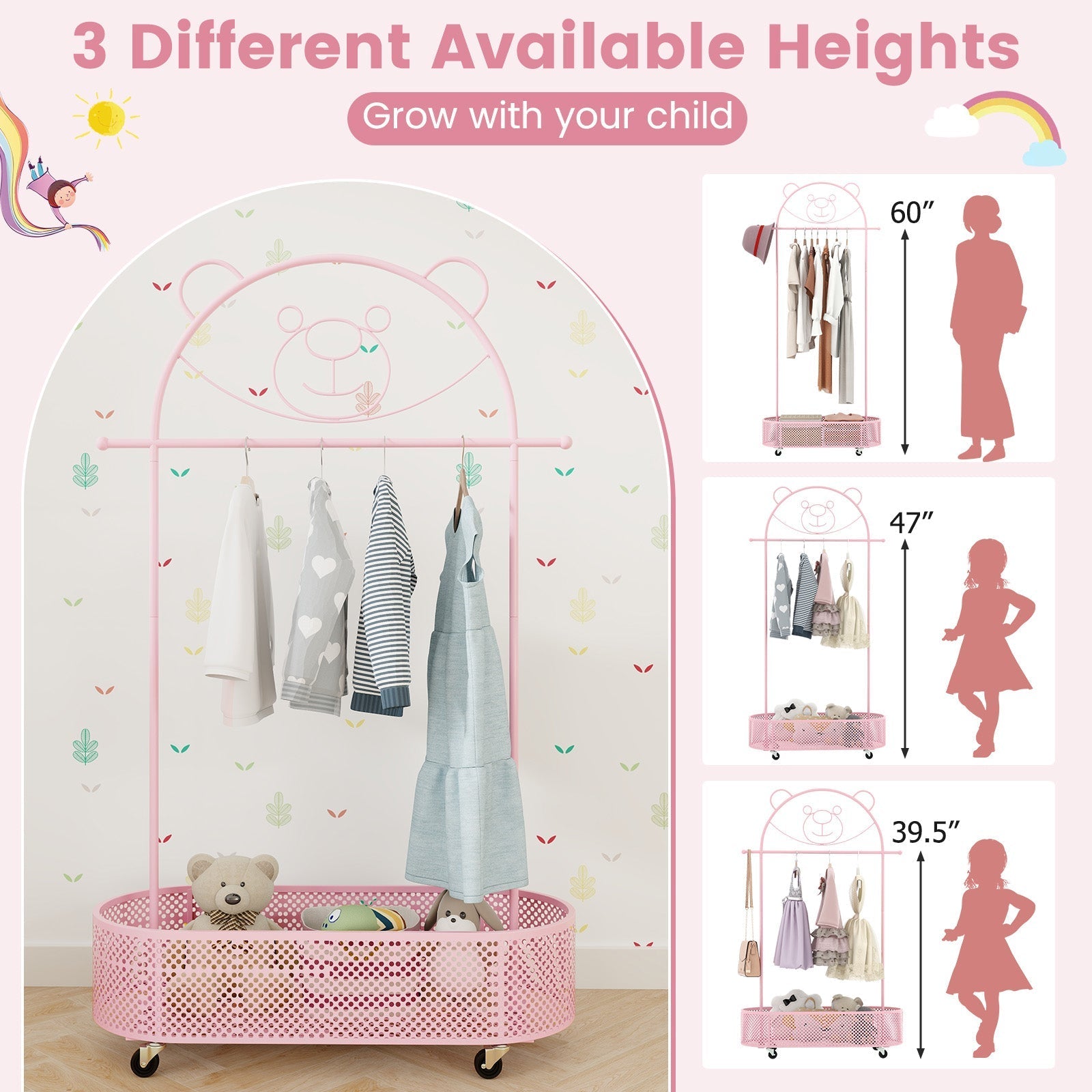 Kid Clothes Rack with 3 Adjustable Heights and Wheels