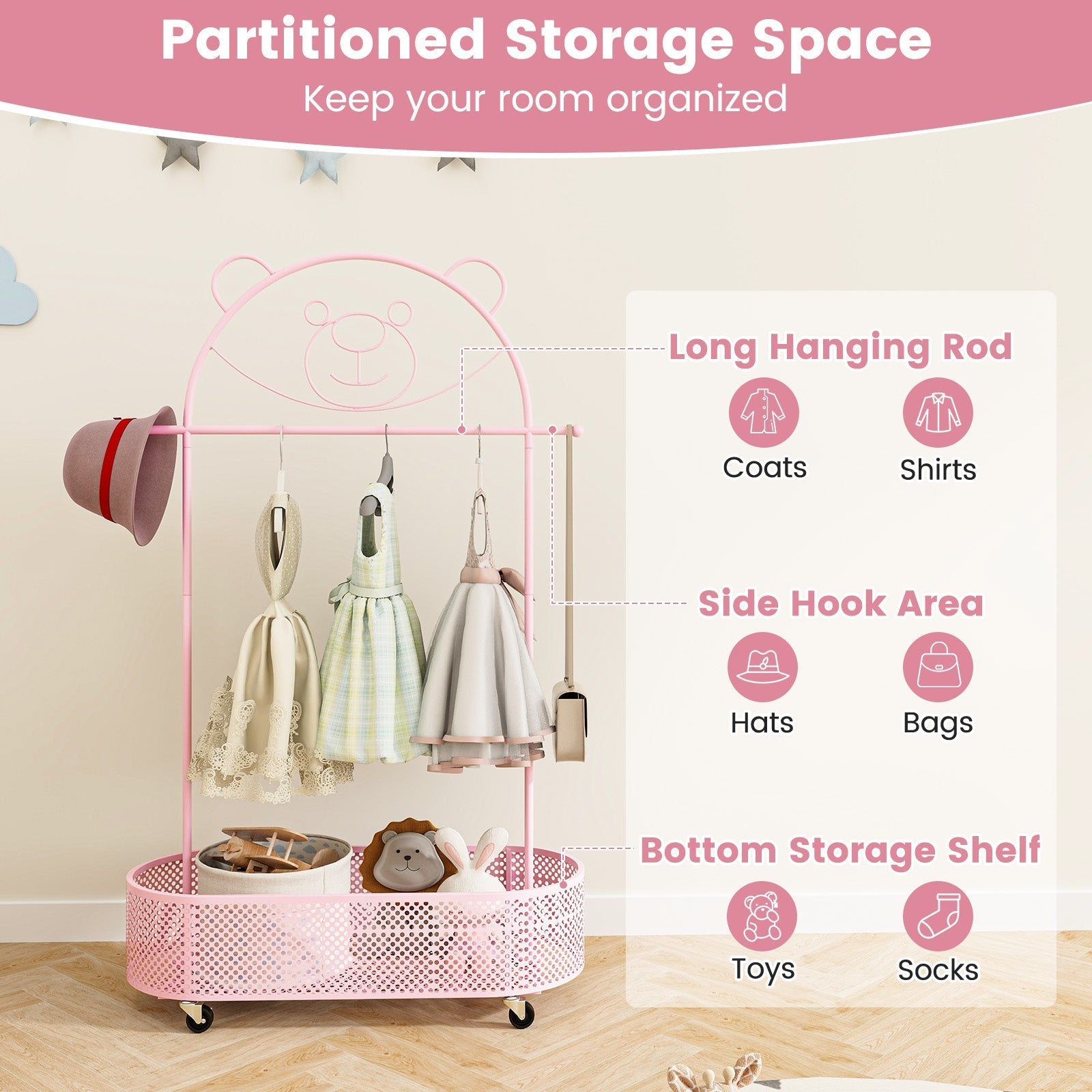 Kid Clothes Rack with 3 Adjustable Heights and Wheels
