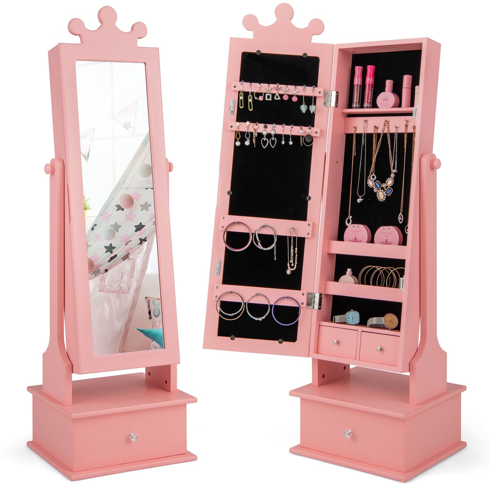 2-in-1 Kids Play Jewelry Armoire with Full Length Mirror and Drawers