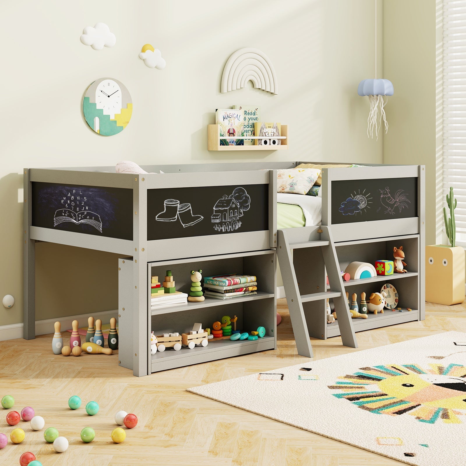 Kid Twin Size Low Loft Bed with Chalkboard Ramp Ladder and Bookcases