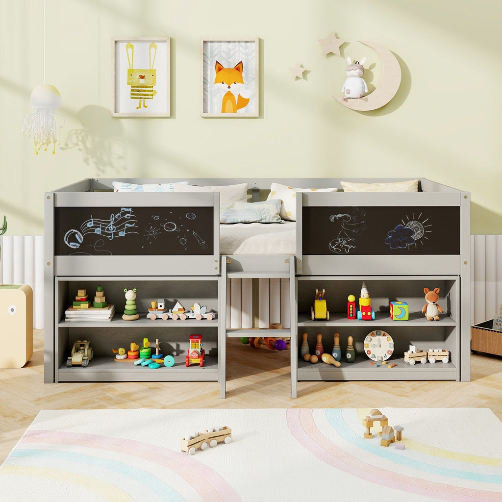 Kid Twin Size Low Loft Bed with Chalkboard Ramp Ladder and Bookcases