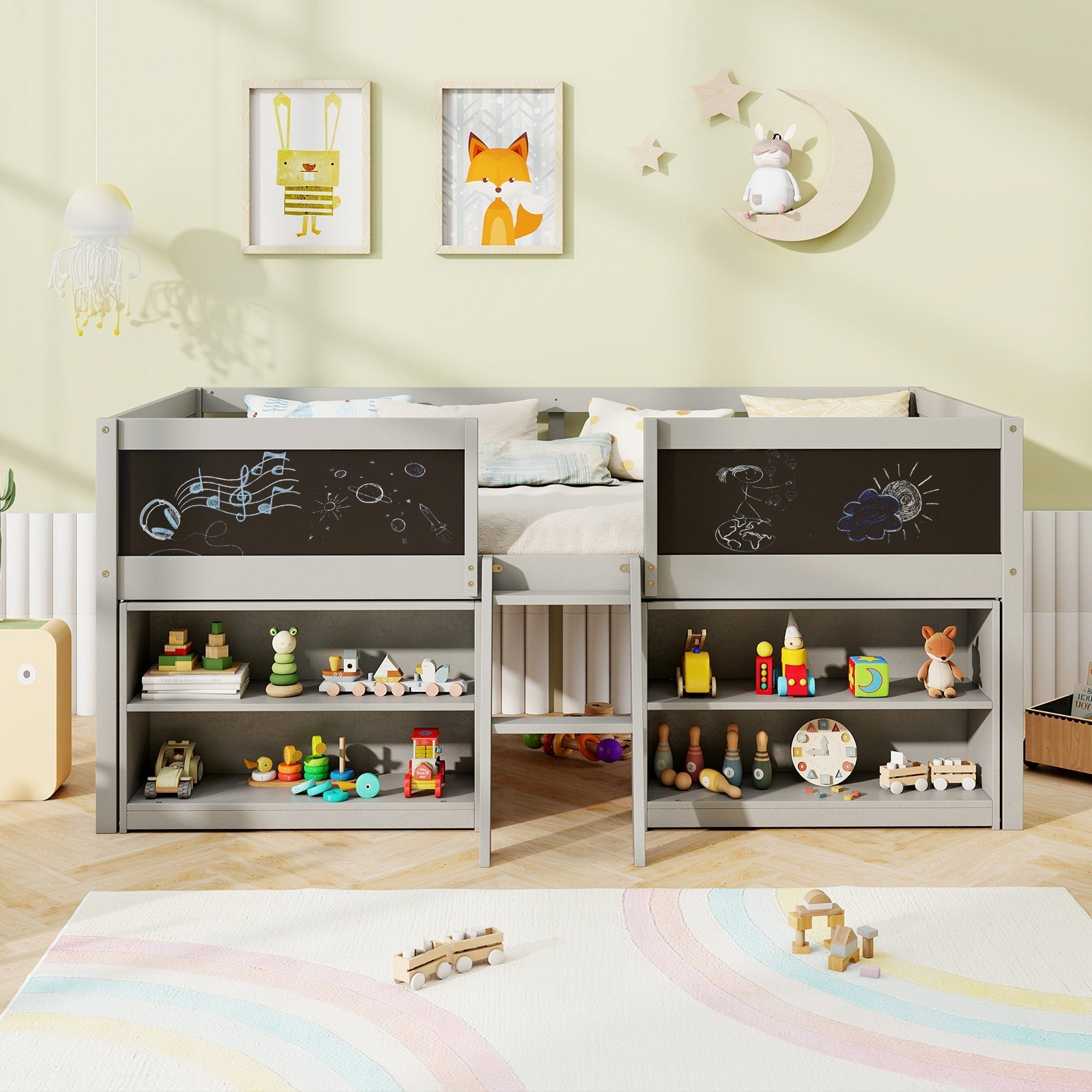 Kid Twin Size Low Loft Bed with Chalkboard Ramp Ladder and Bookcases