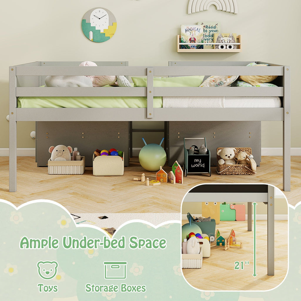 Kid Twin Size Low Loft Bed with Chalkboard Ramp Ladder and Bookcases