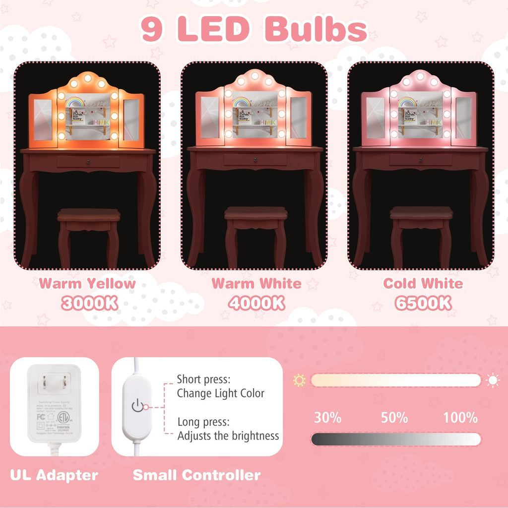 Kid Vanity Table Stool Set with Tri-Folding Mirror and 3-Color LED Lights
