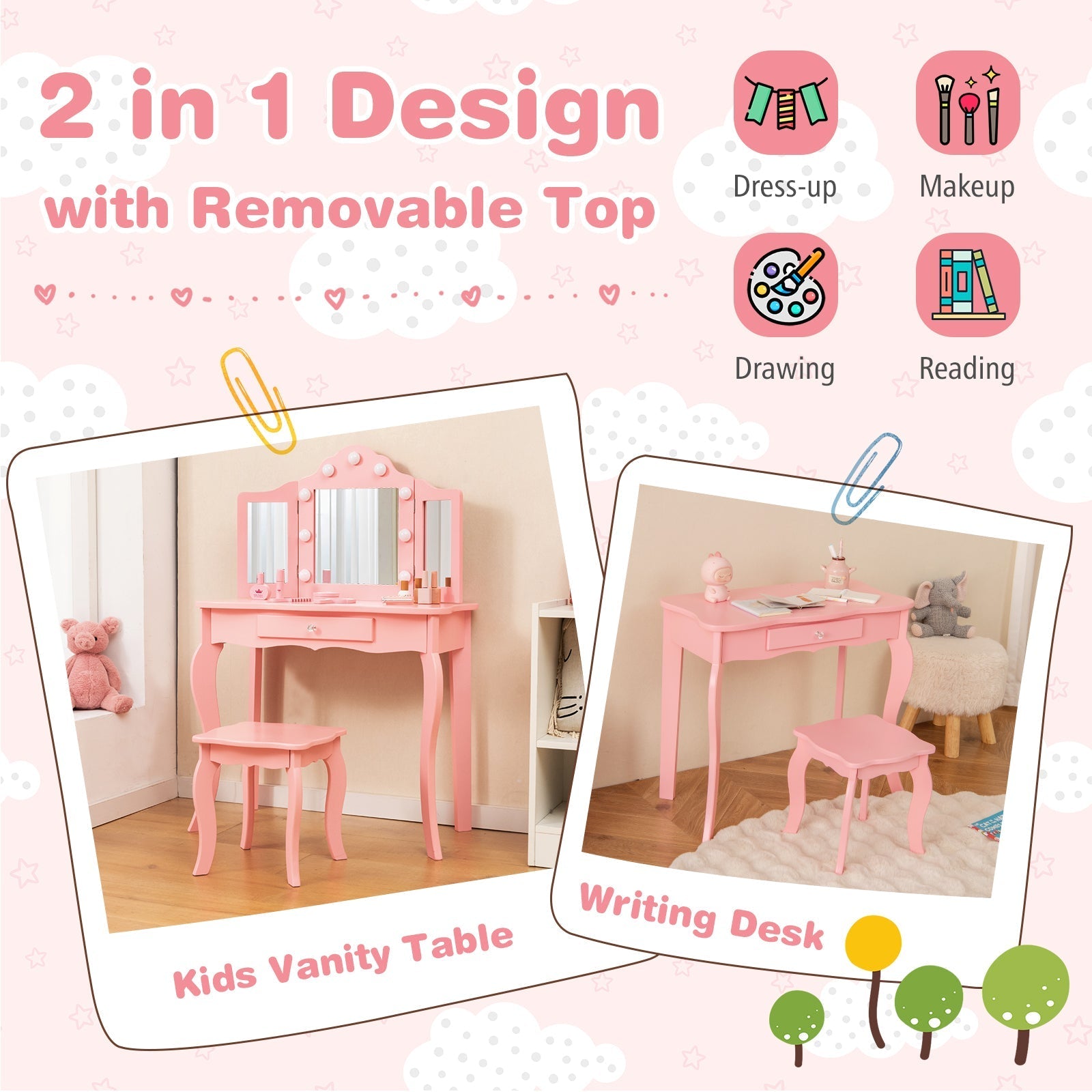 Kid Vanity Table Stool Set with Tri-Folding Mirror and 3-Color LED Lights
