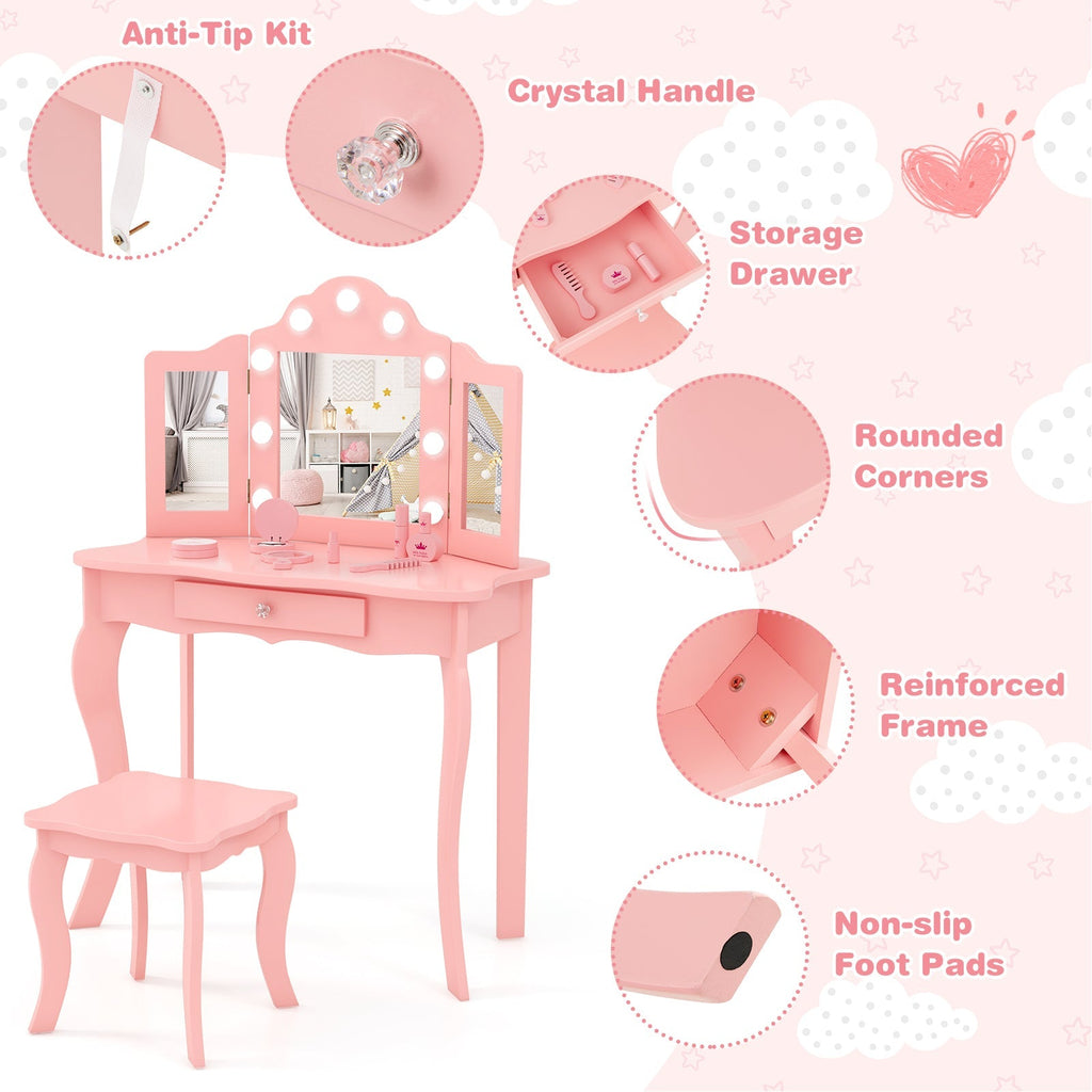 Kid Vanity Table Stool Set with Tri-Folding Mirror and 3-Color LED Lights