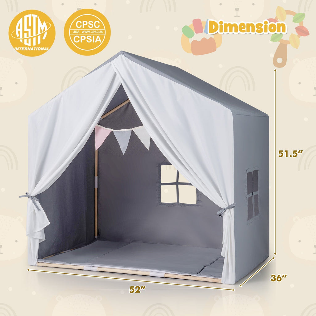 Kid's Play Tent with Washable Cotton Mat and Flag Banner