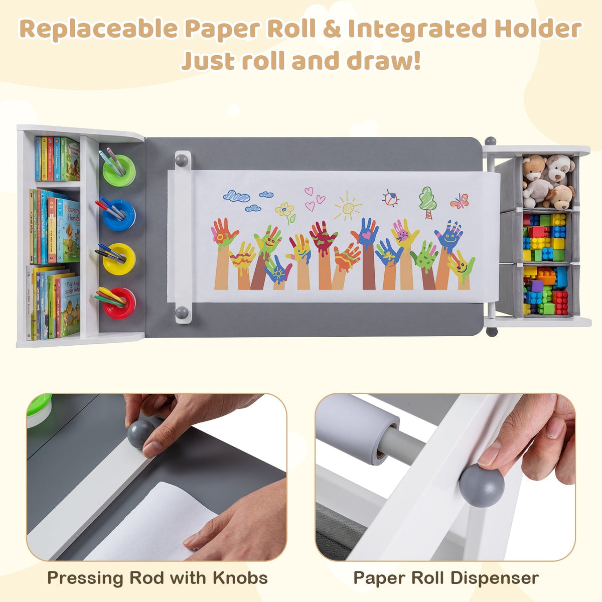 Kids Art Table and Chair with Paper Roll and Fabric Bins for Drawing Reading Studying Playing-Gray