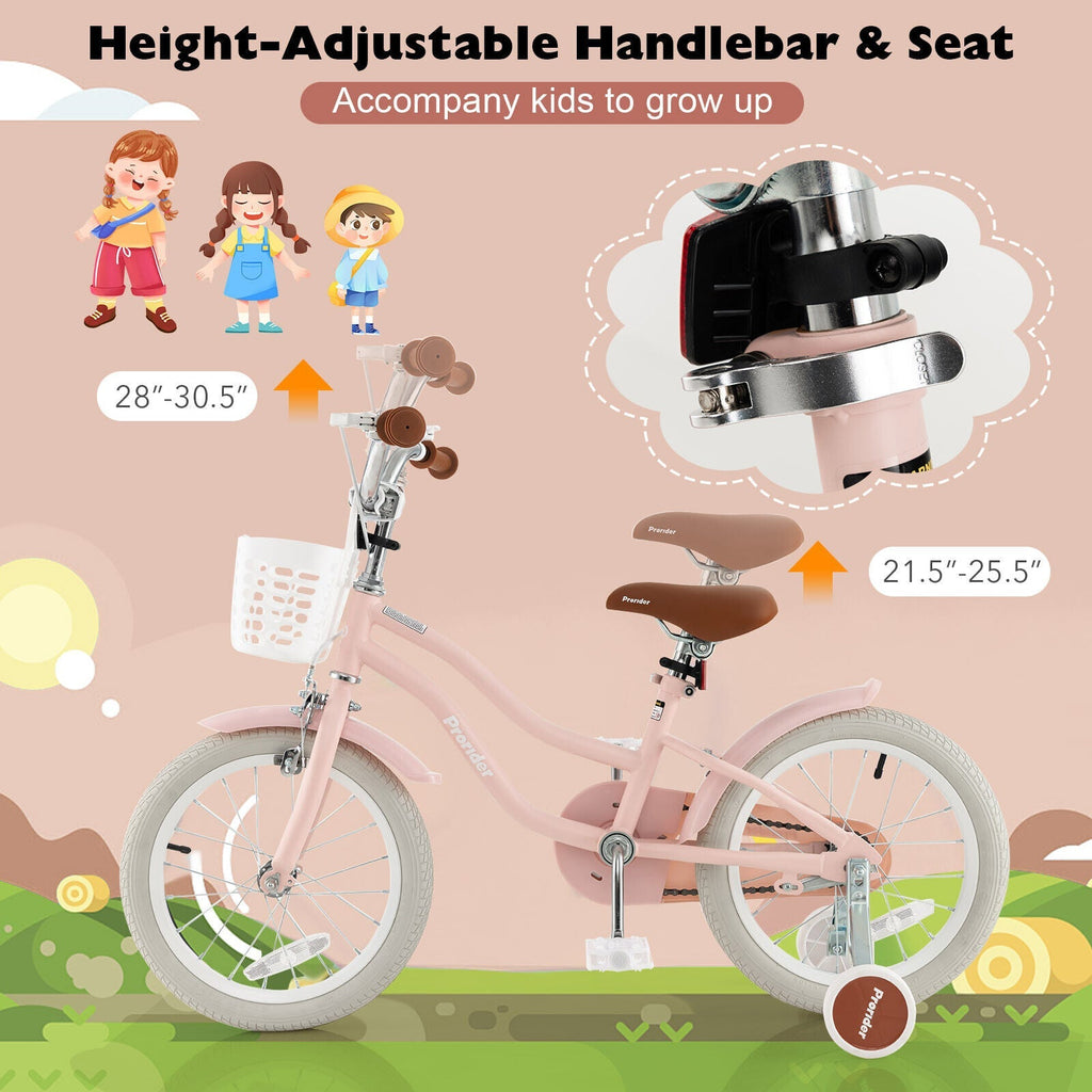 16 Inch Kids Bike with Front Handbrake and 2 Training Wheels-Pink