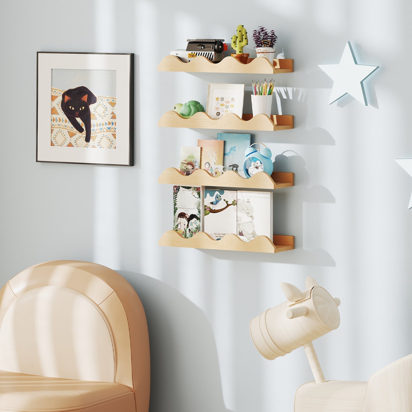 16 Inch Kids Bookshelf Set of 4 Floating Nursery Book Shelves for Decoration Book Toy Storage-Natural