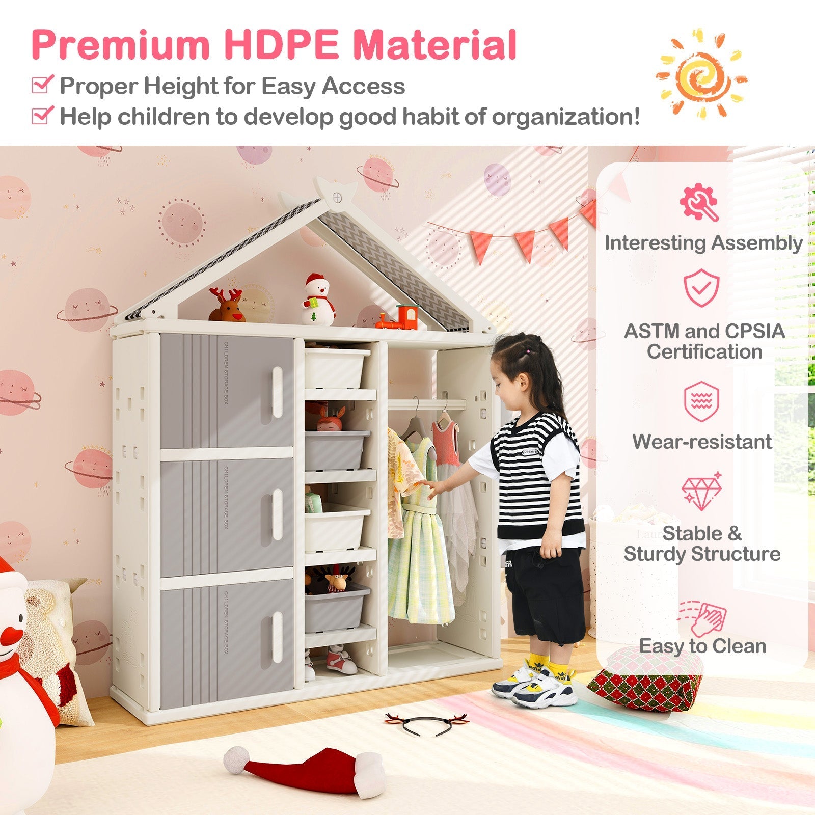 Kids Costume Storage Closet with Storage Bins and Shelves and Side Baskets for Kids Room
