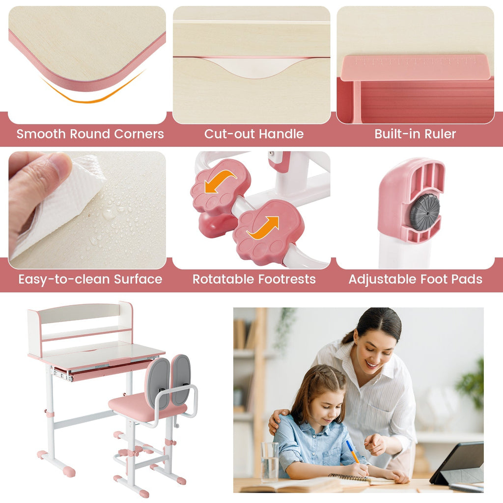 Kids Desk and Chair Set with Adjustable Height and Tilted Desktop