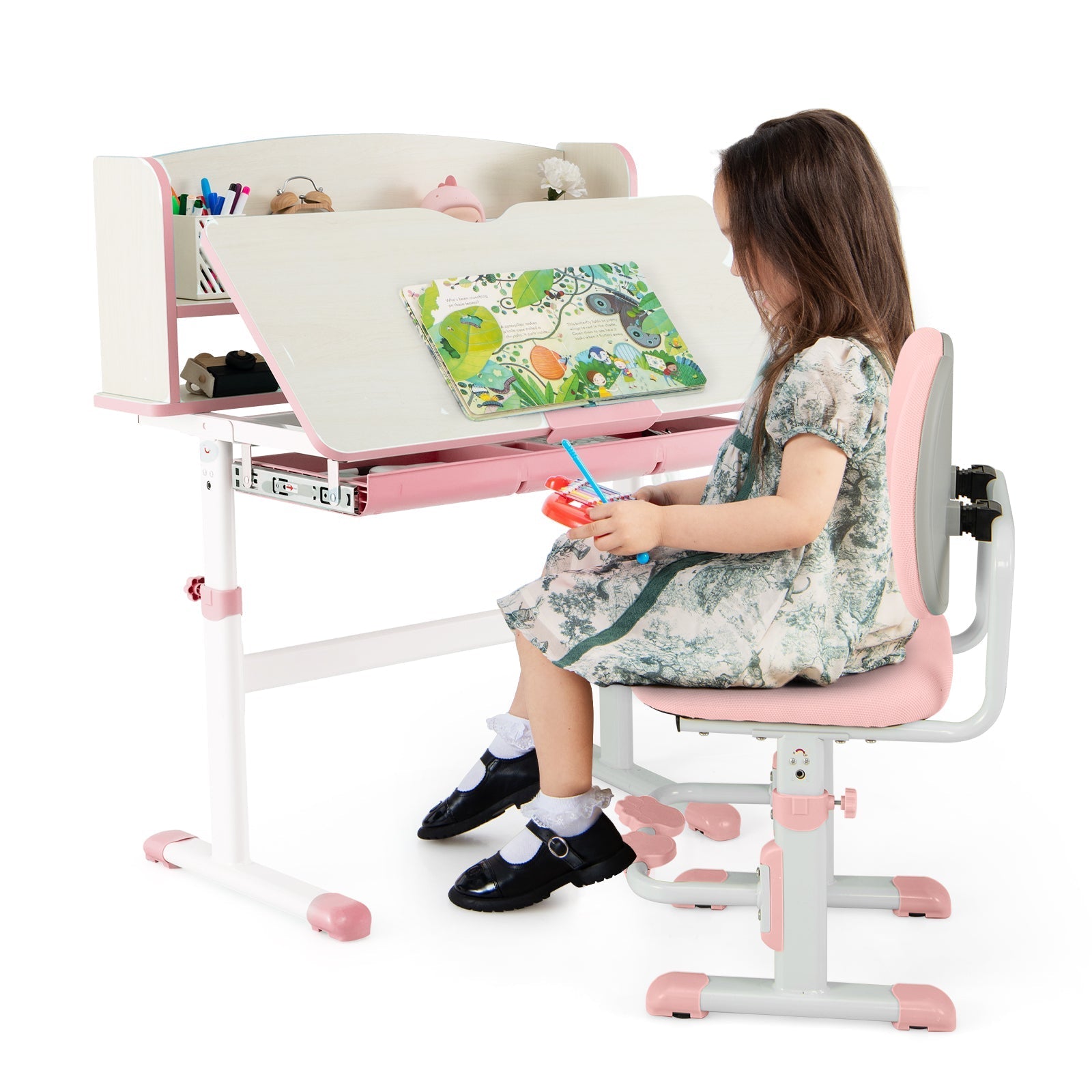 Kids Desk and Chair Set with Adjustable Height and Tilted Desktop