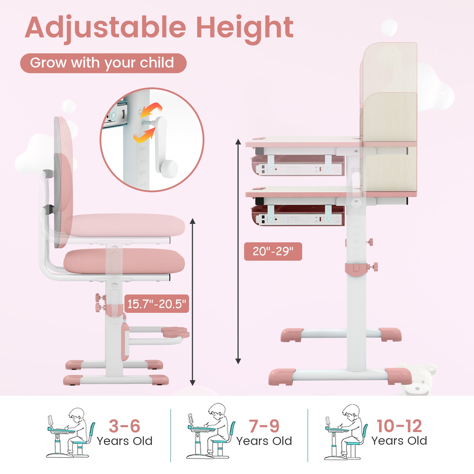 Kids Desk and Chair Set with Adjustable Height and Tilted Desktop
