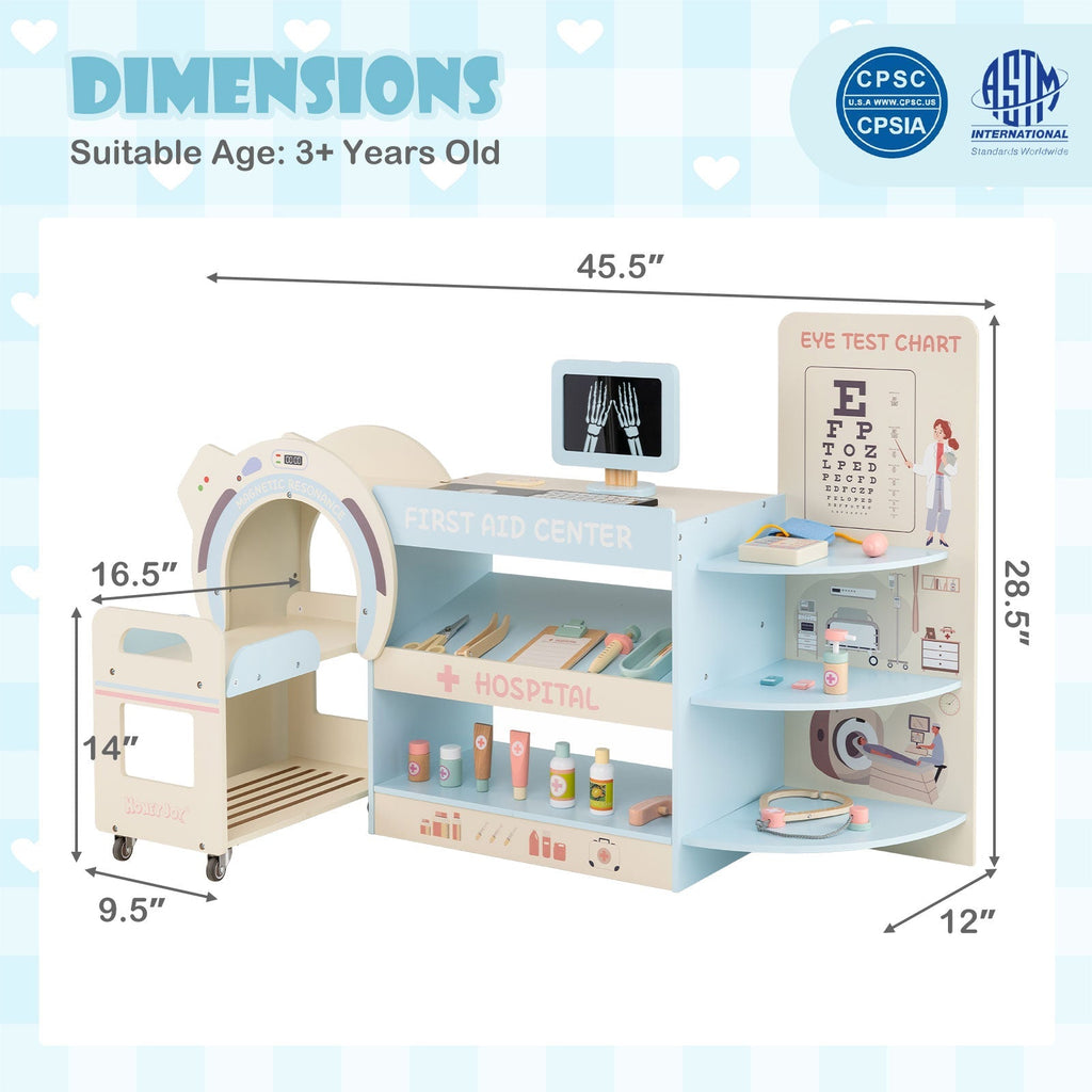 Kids Doctor Play Set Wooden Pretend Hospital Office Kit with Eye Chart Toy CT Machine