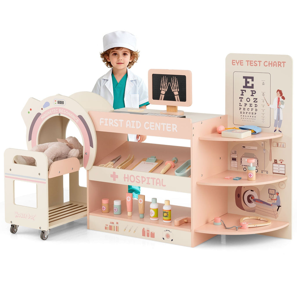 Kids Doctor Play Set Wooden Pretend Hospital Office Kit with Eye Chart Toy CT Machine