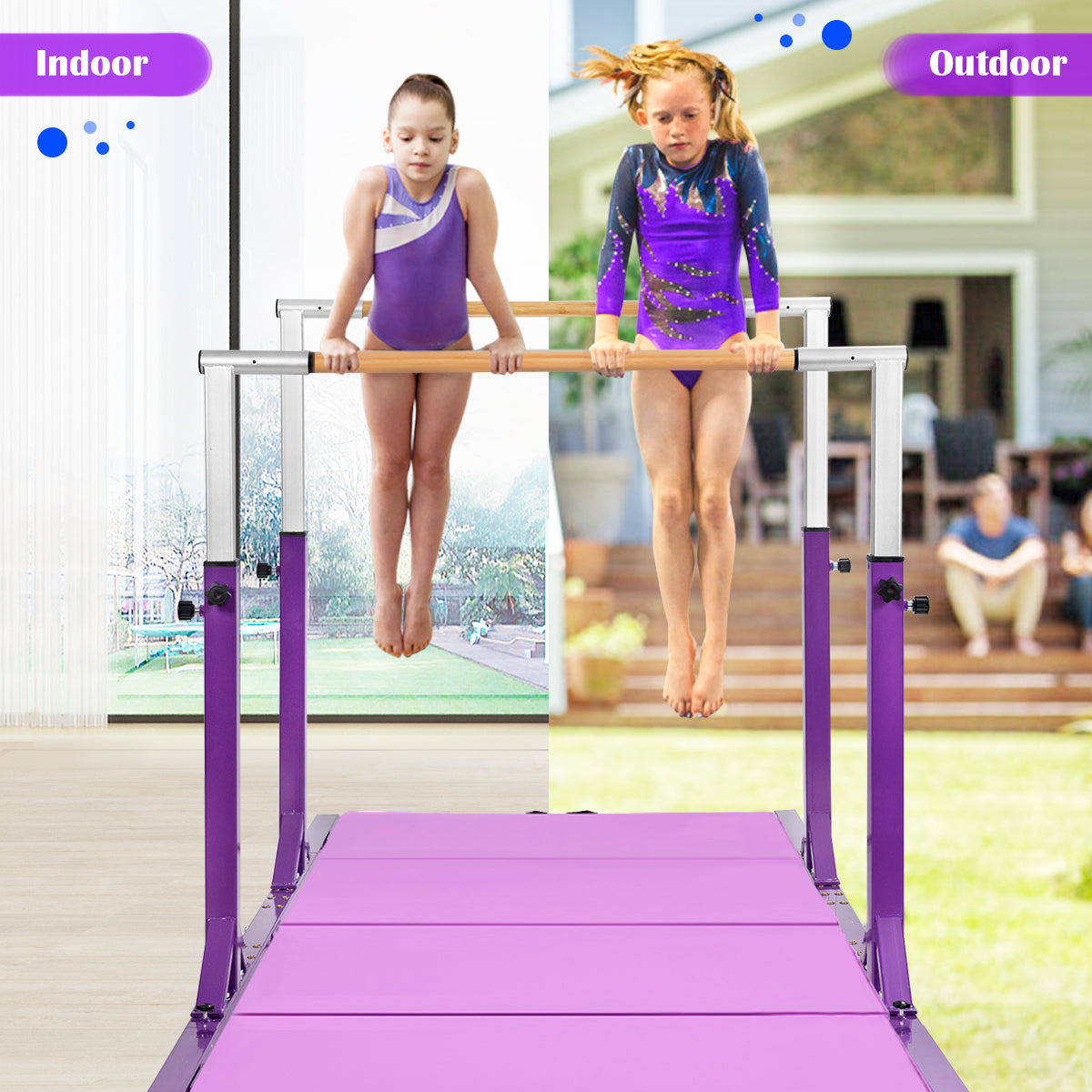 Kids Double Horizontal Bars Gymnastic Training Parallel Bars Adjustable-Purple