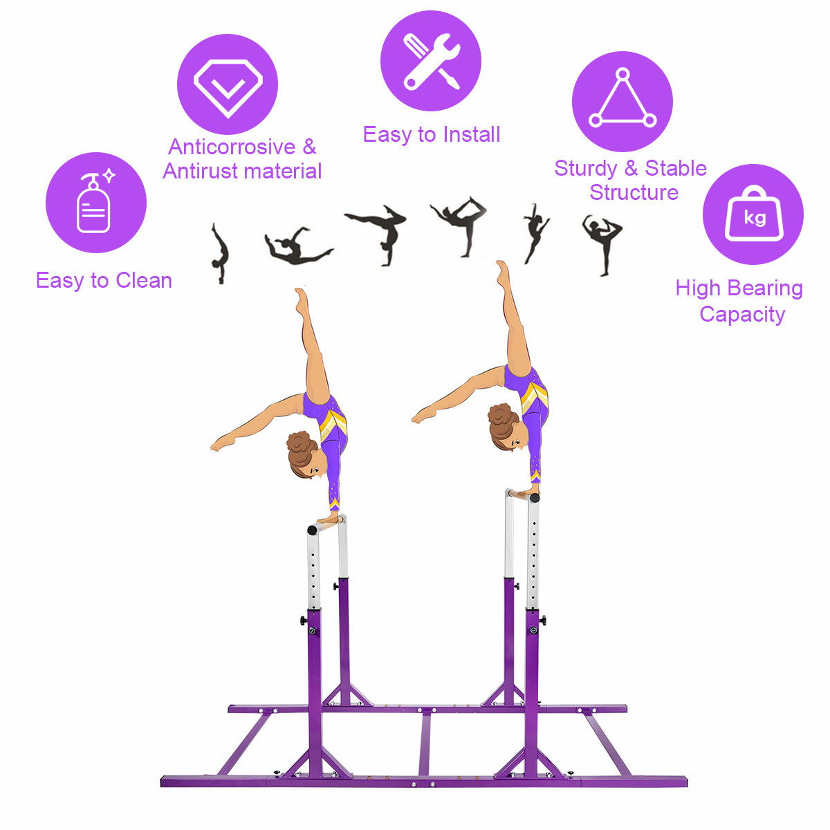 Kids Double Horizontal Bars Gymnastic Training Parallel Bars Adjustable-Purple