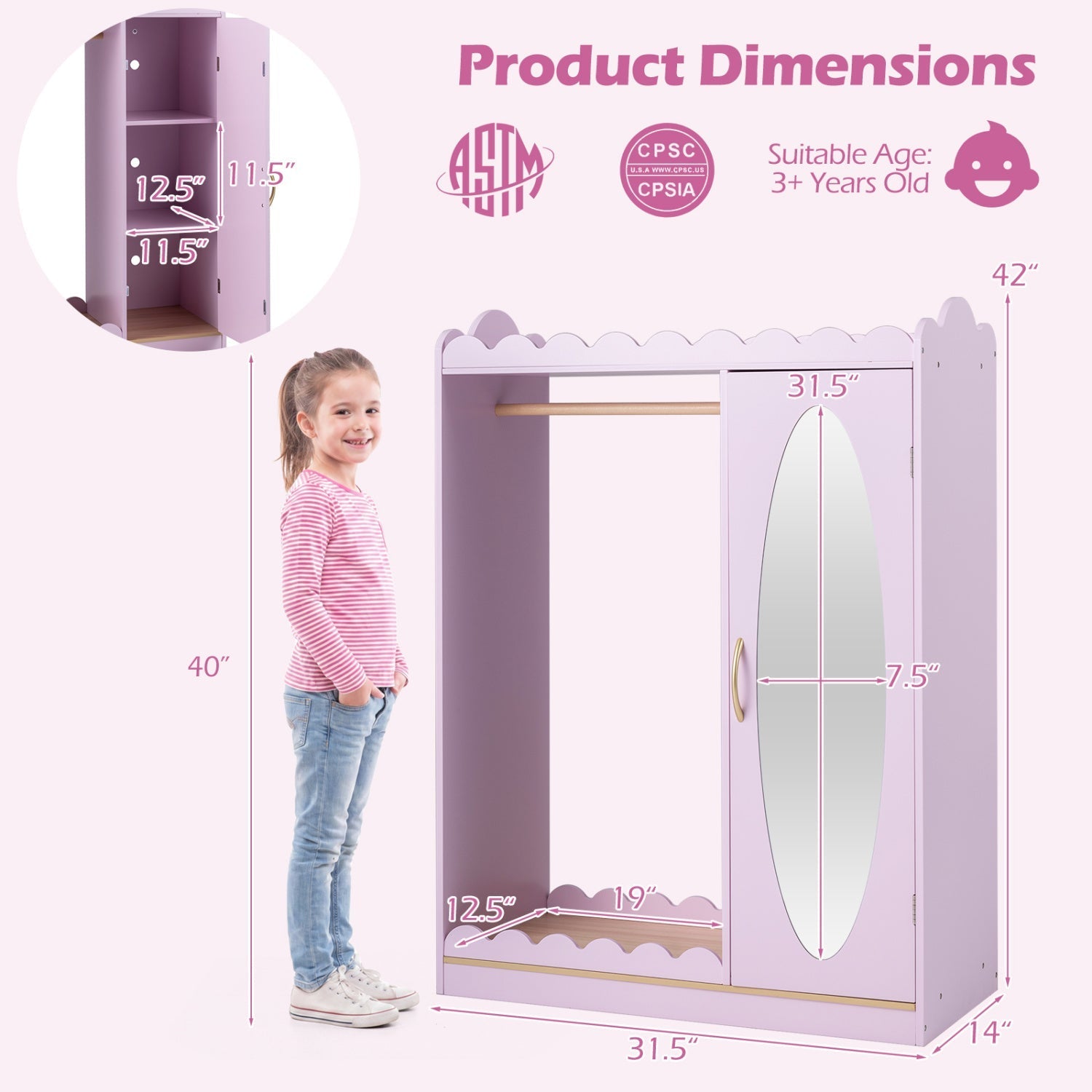 Kids Dress Up Storage Cabinet with Full Length Mirror - Pink