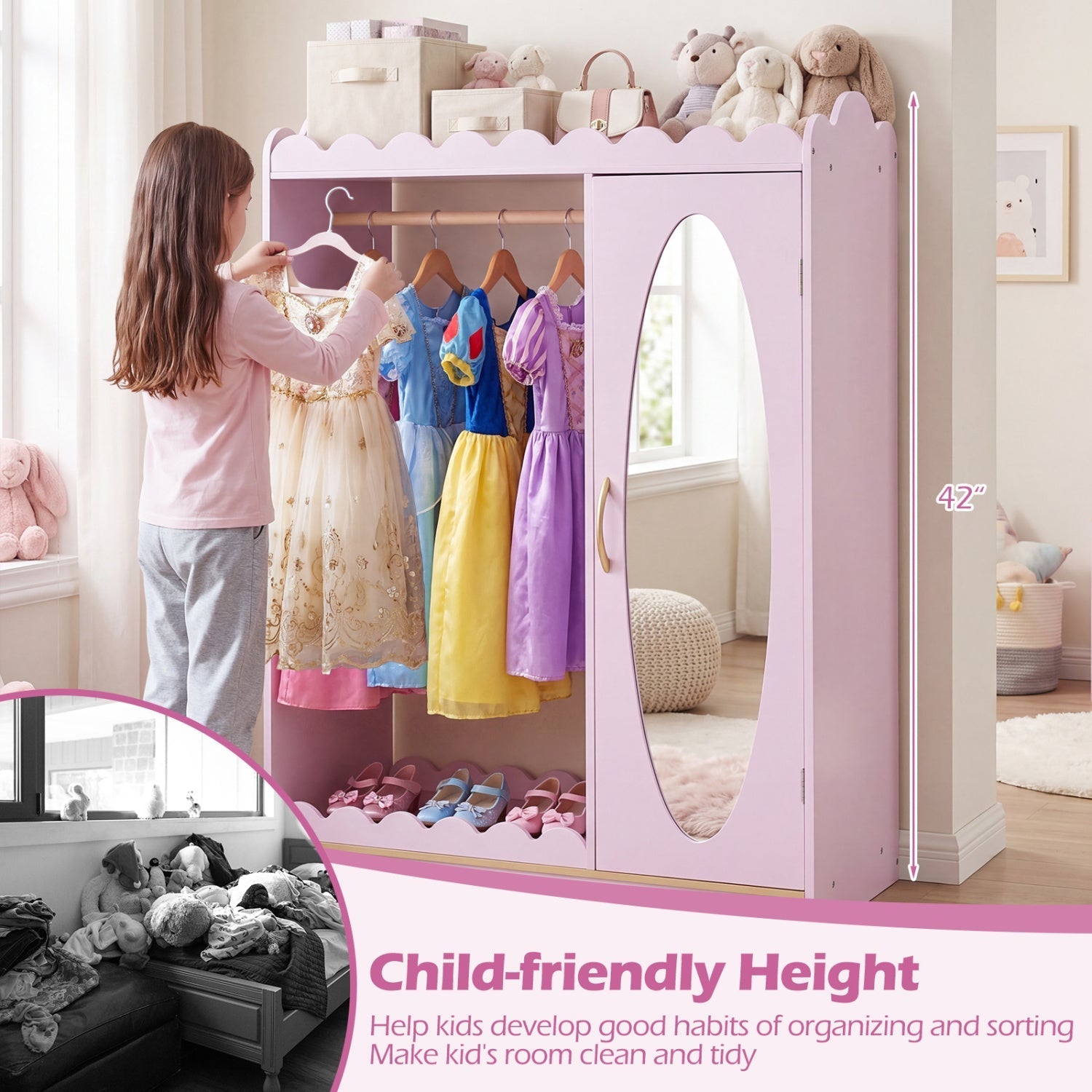 Kids Dress Up Storage Cabinet with Full Length Mirror - Pink