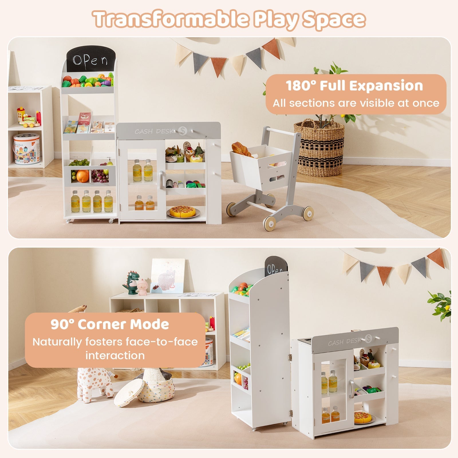 Kids Grocery Store Playset Convertible Wooden Play Store with Shopping Cart-White