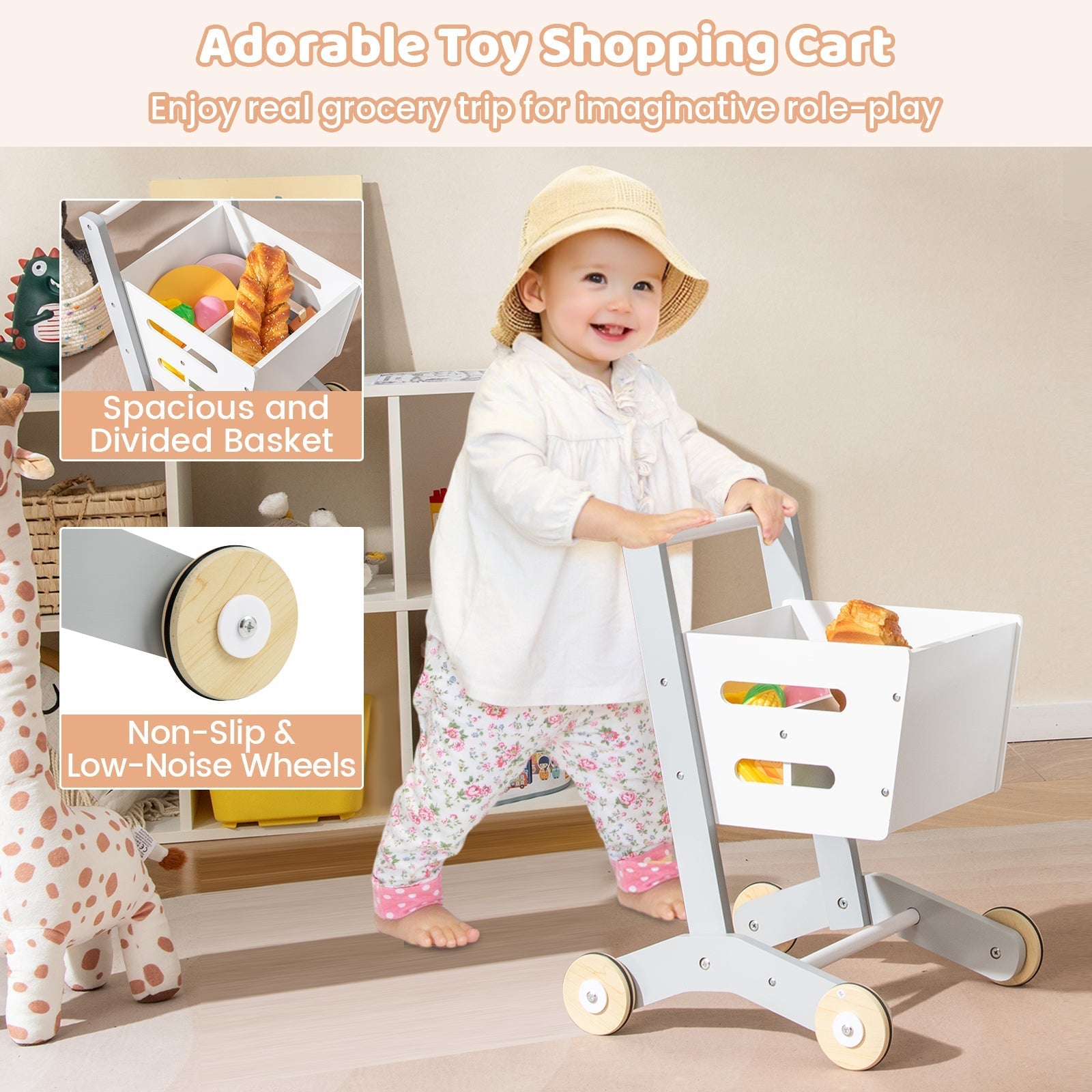 Kids Grocery Store Playset Convertible Wooden Play Store with Shopping Cart-White