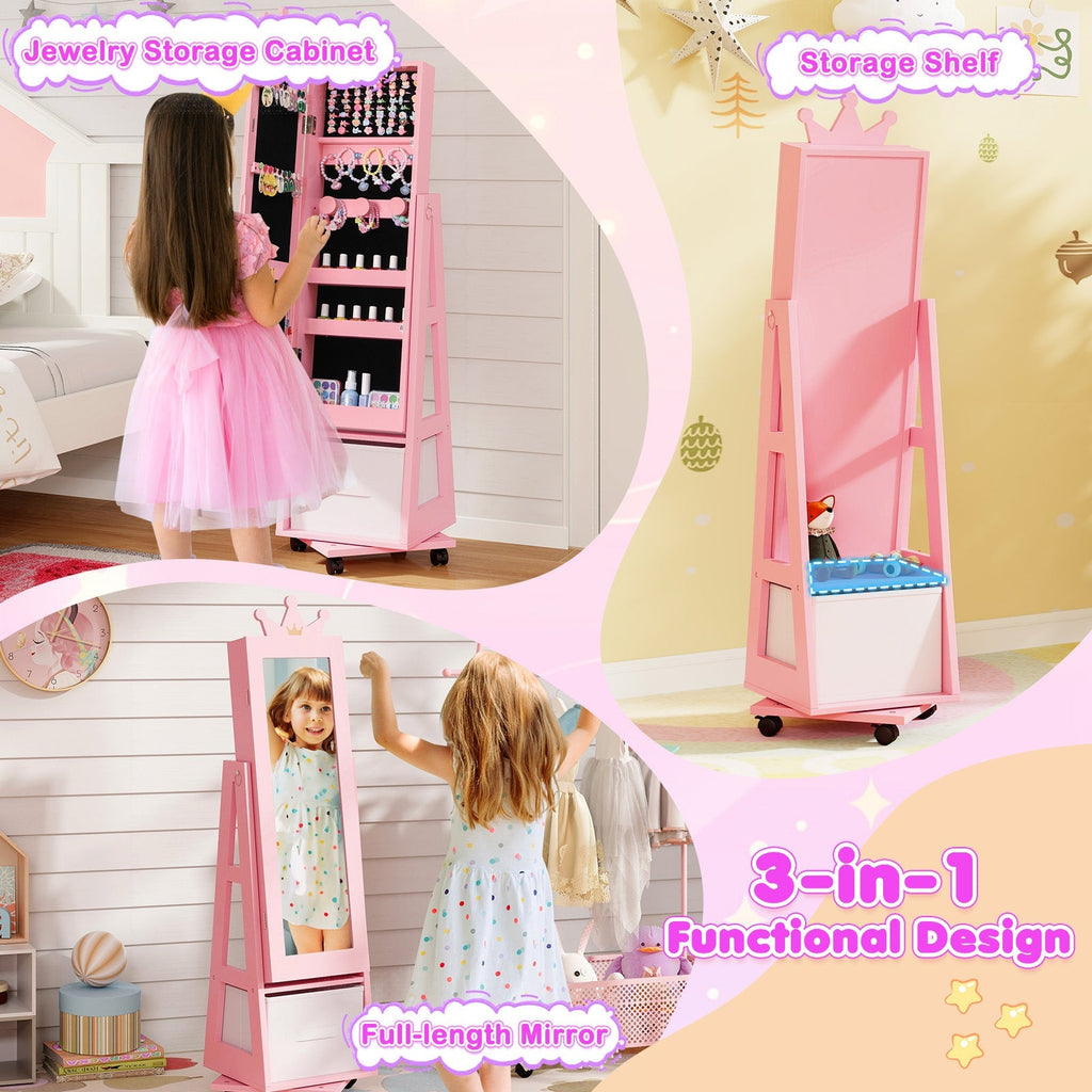 Kids Jewelry Armoire Cabinet with Swivel Base and Lockable Universal Wheels