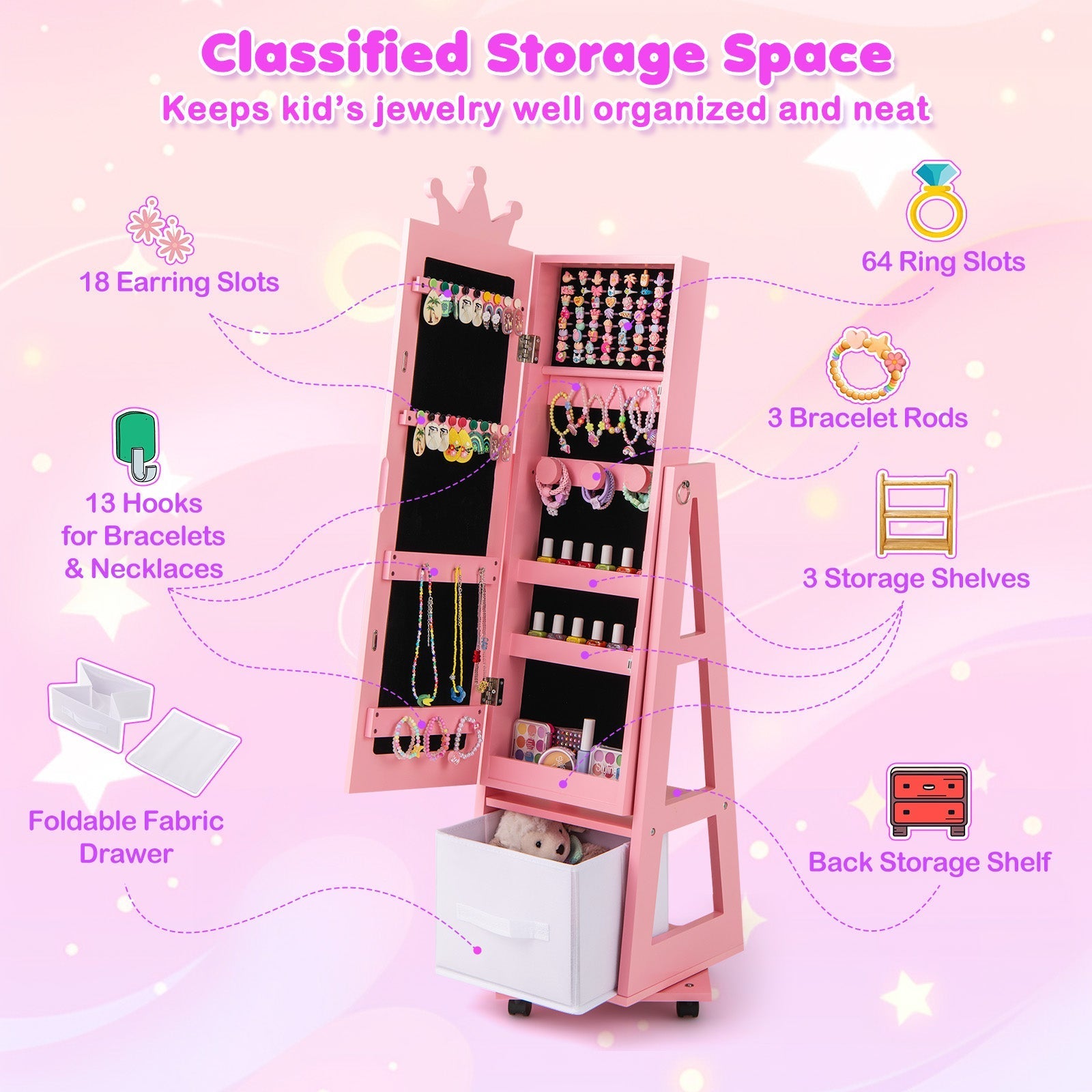 Kids Jewelry Armoire Cabinet with Swivel Base and Lockable Universal Wheels