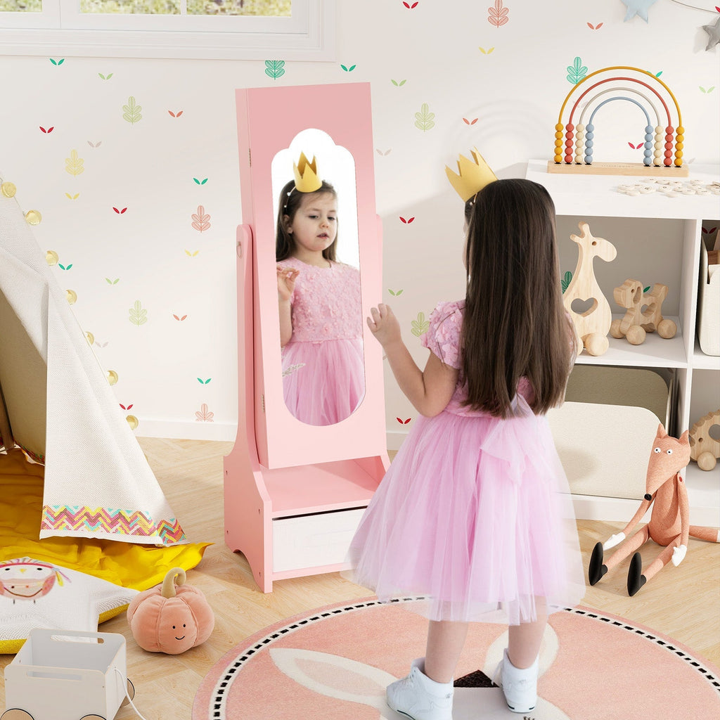 Freestanding Kids Jewelry Armoire Cabinet with Storage and 2 Tilt Angles