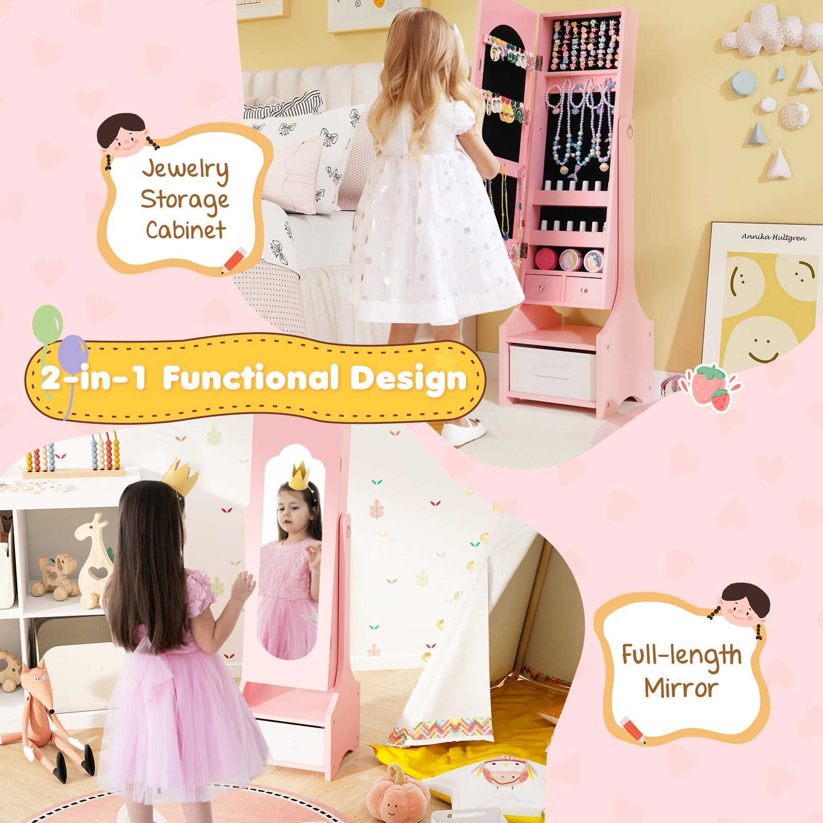 Freestanding Kids Jewelry Armoire Cabinet with Storage and 2 Tilt Angles